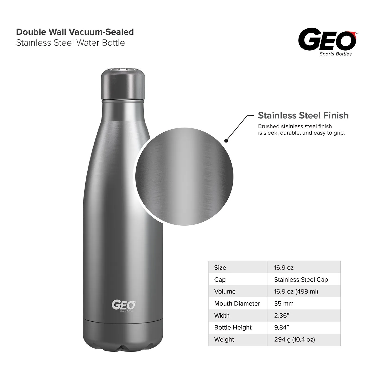 17 ounce Stainless Steel Water Bottle, Powdered Sports Bottle, with 38 mm Steel Cap, GEO