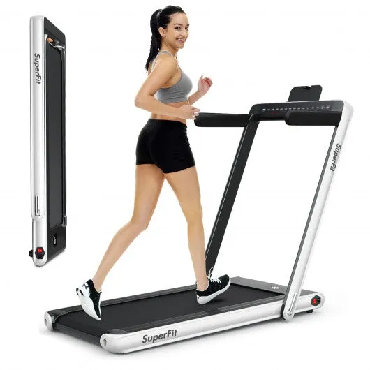 2-in-1 Electric Motorized Health and Fitness Folding Treadmill with Dual Display and Speaker-White