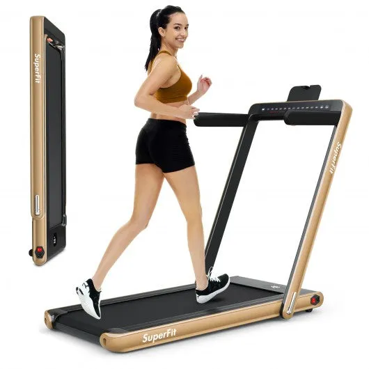 2-in-1 Electric Motorized Health and Fitness Folding Treadmill with Dual Display and Speaker-Yellow