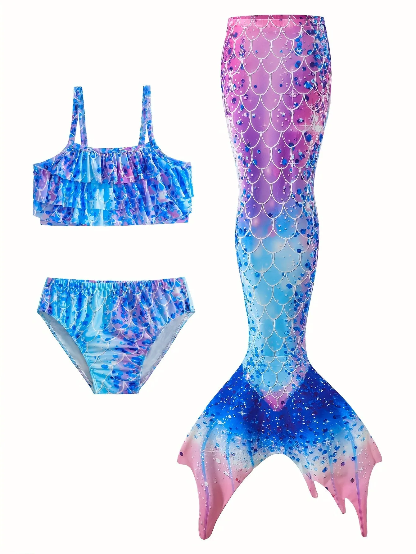 3PCS/Set Mermaid Princess Pool Party Outfit - Stylish Cami Top, Swim Shorts, and Sparkly Tail Skirt for Girls - Perfect Summer Dress Up for Beach, Pool, and Outdoor Play