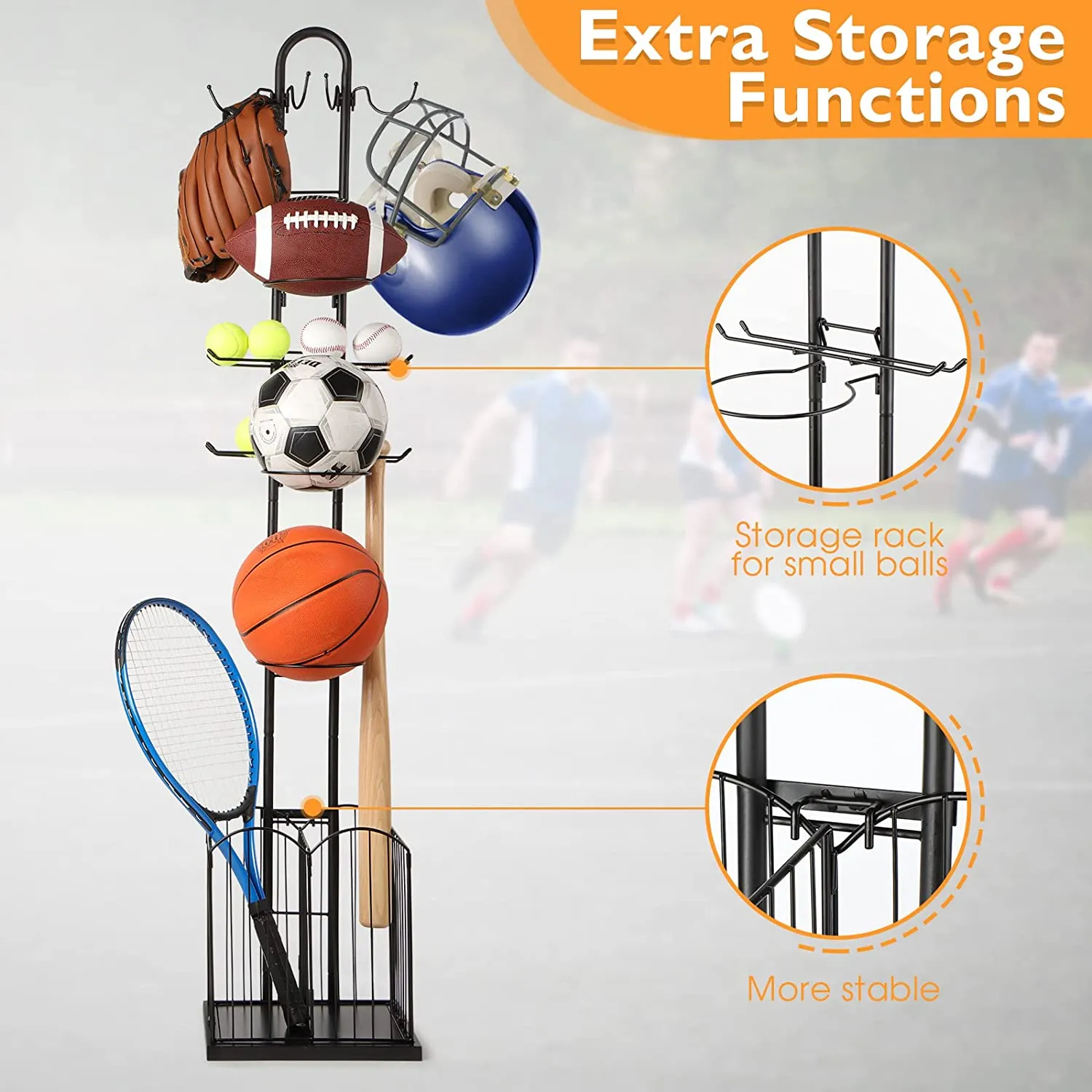 4 Tier Sports Equipment Ball Storage Rack with Basket