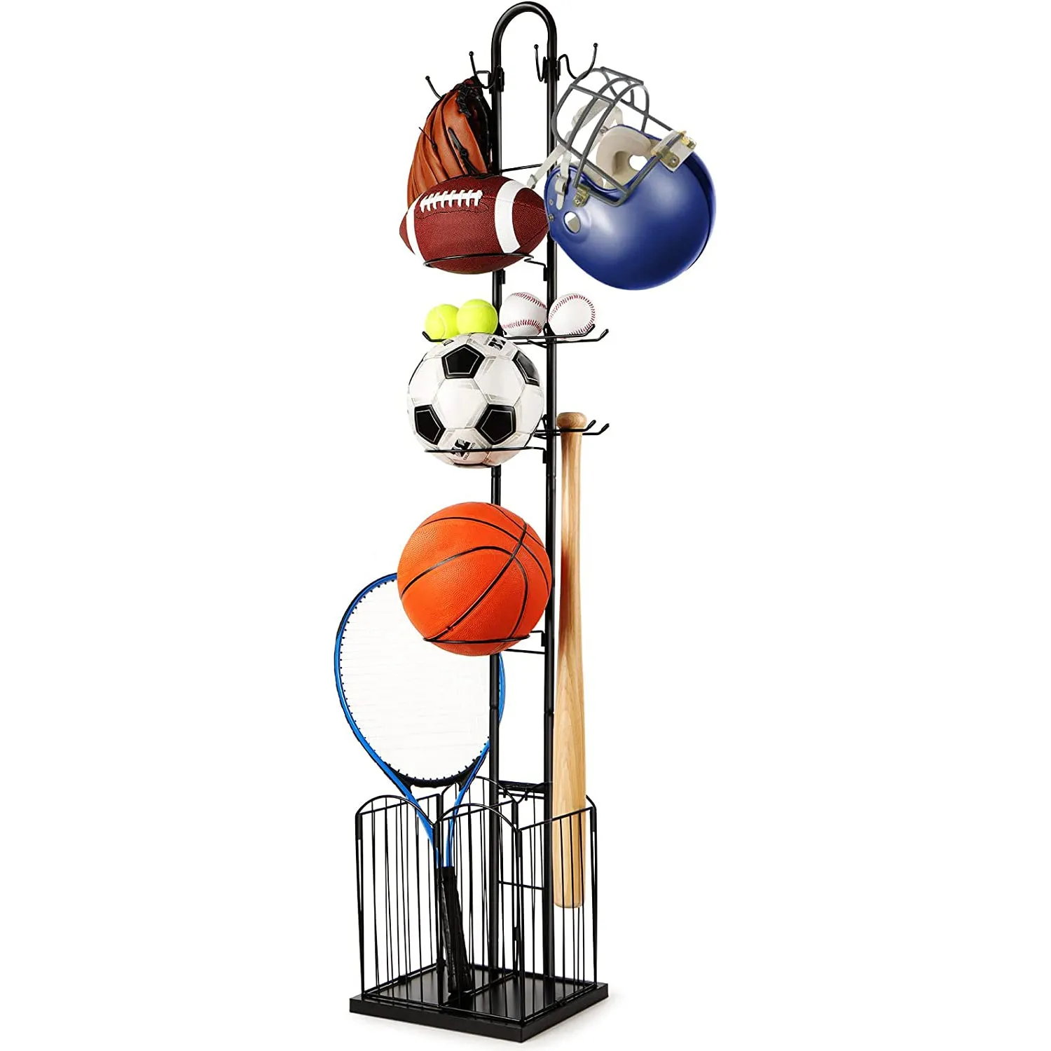 4 Tier Sports Equipment Ball Storage Rack with Basket