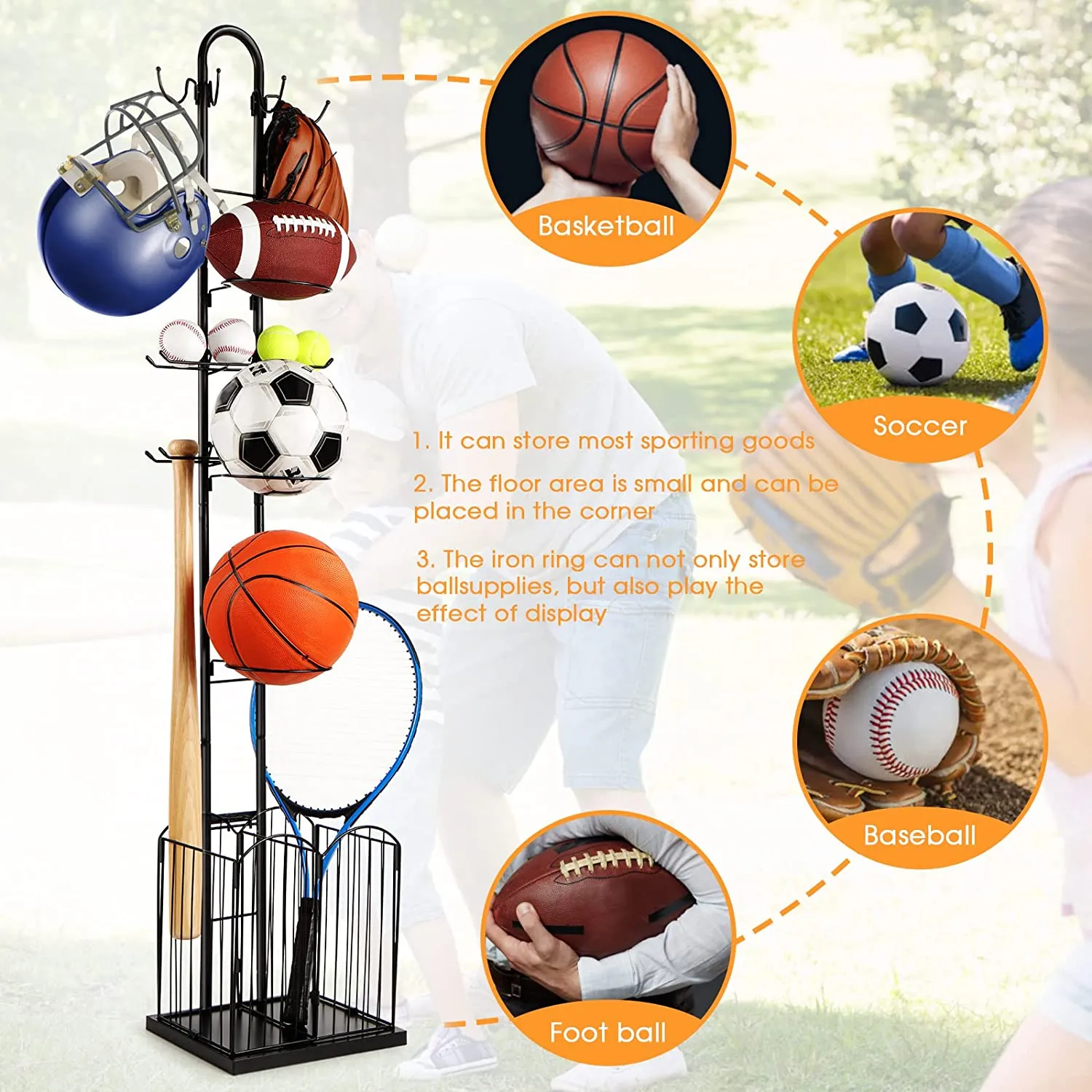 4 Tier Sports Equipment Ball Storage Rack with Basket