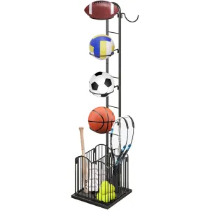 4 Tier Sports Equipment Ball Storage Rack with Basket