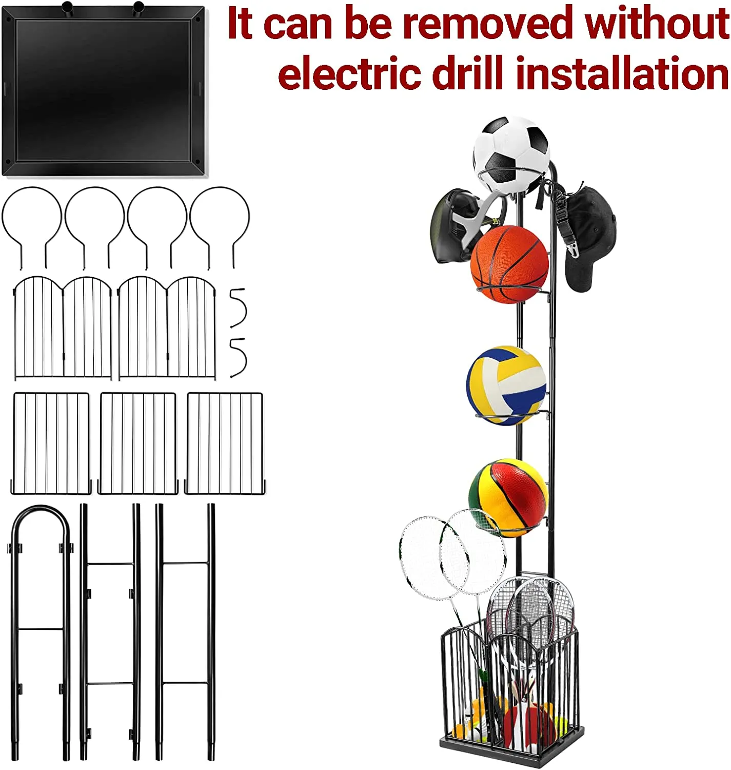 4 Tier Sports Equipment Ball Storage Rack with Basket