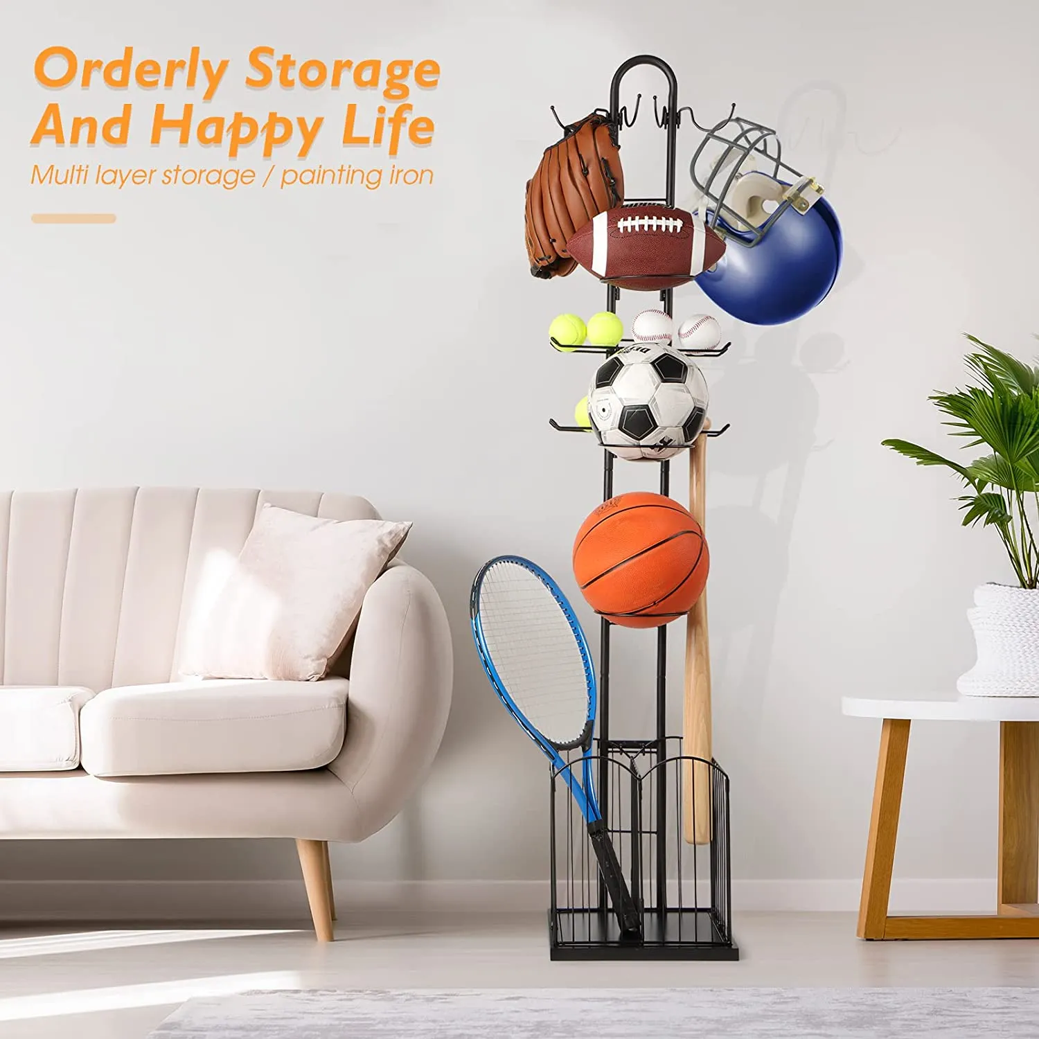 4 Tier Sports Equipment Ball Storage Rack with Basket