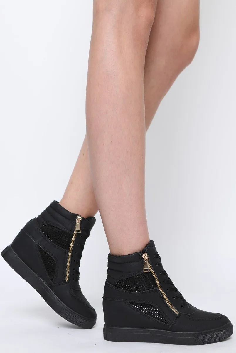 All Black Wedged Diamante Trainers - Adriana