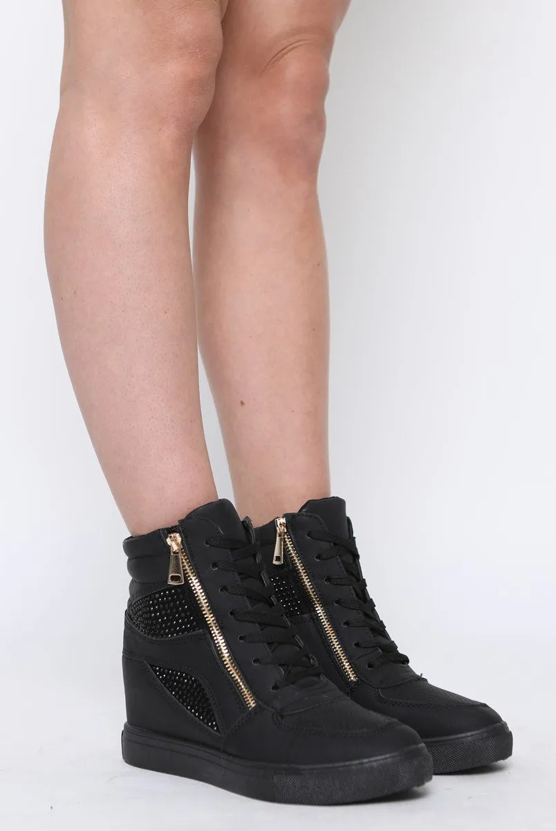 All Black Wedged Diamante Trainers - Adriana