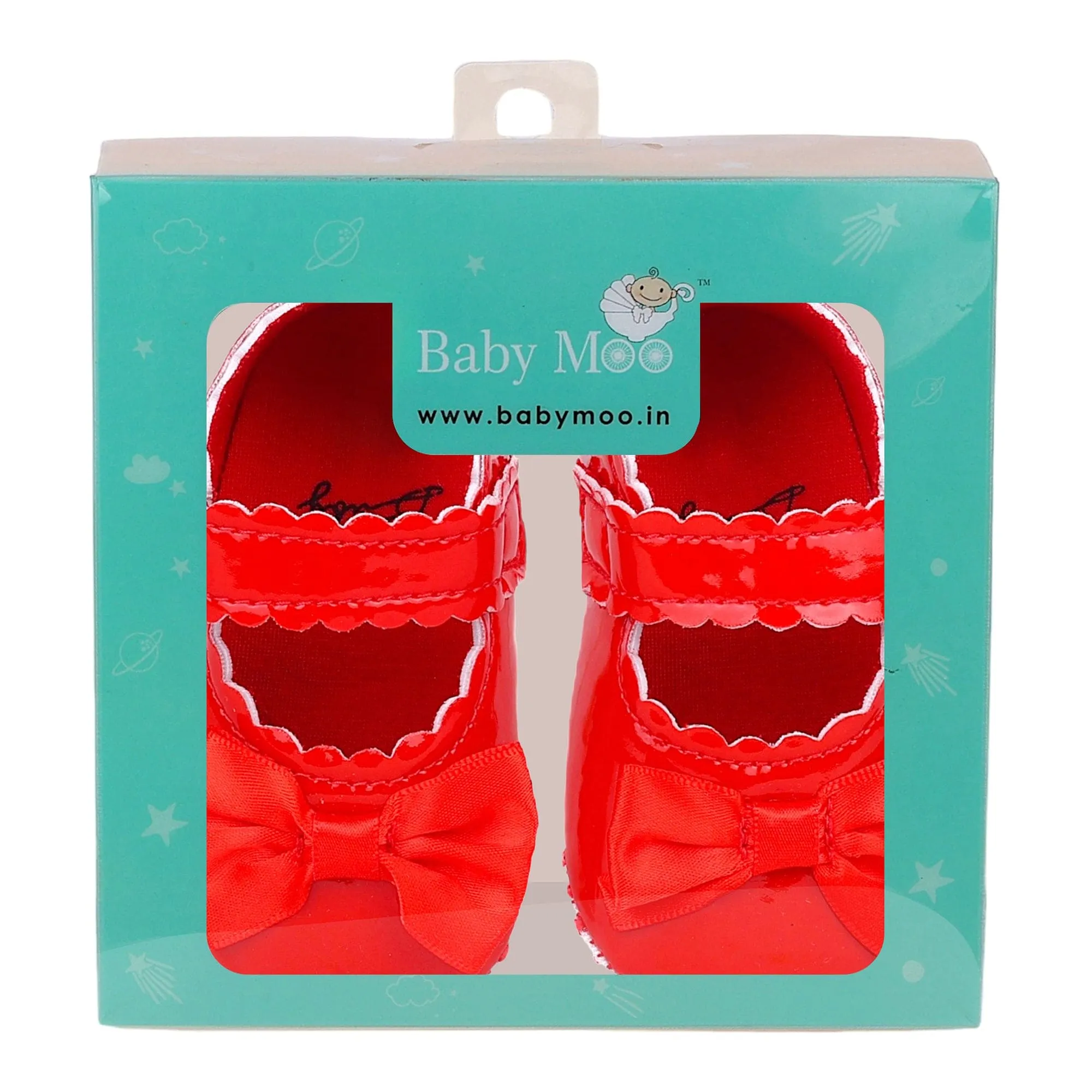 Baby Moo Bow Velcro Strap Patent Leather Anti-Skid Ballerina Booties - Red