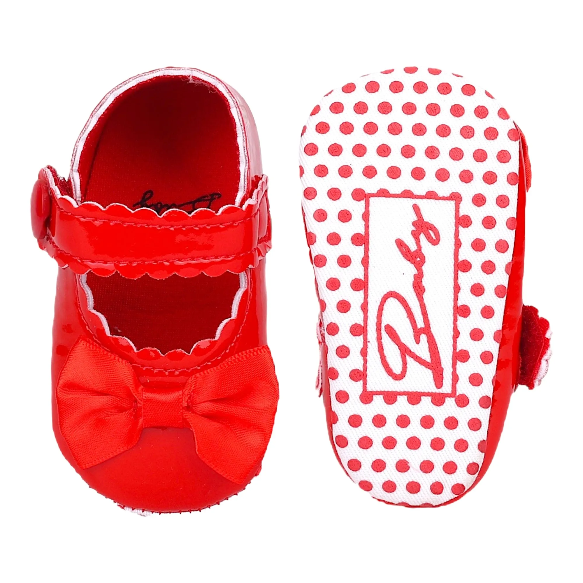 Baby Moo Bow Velcro Strap Patent Leather Anti-Skid Ballerina Booties - Red