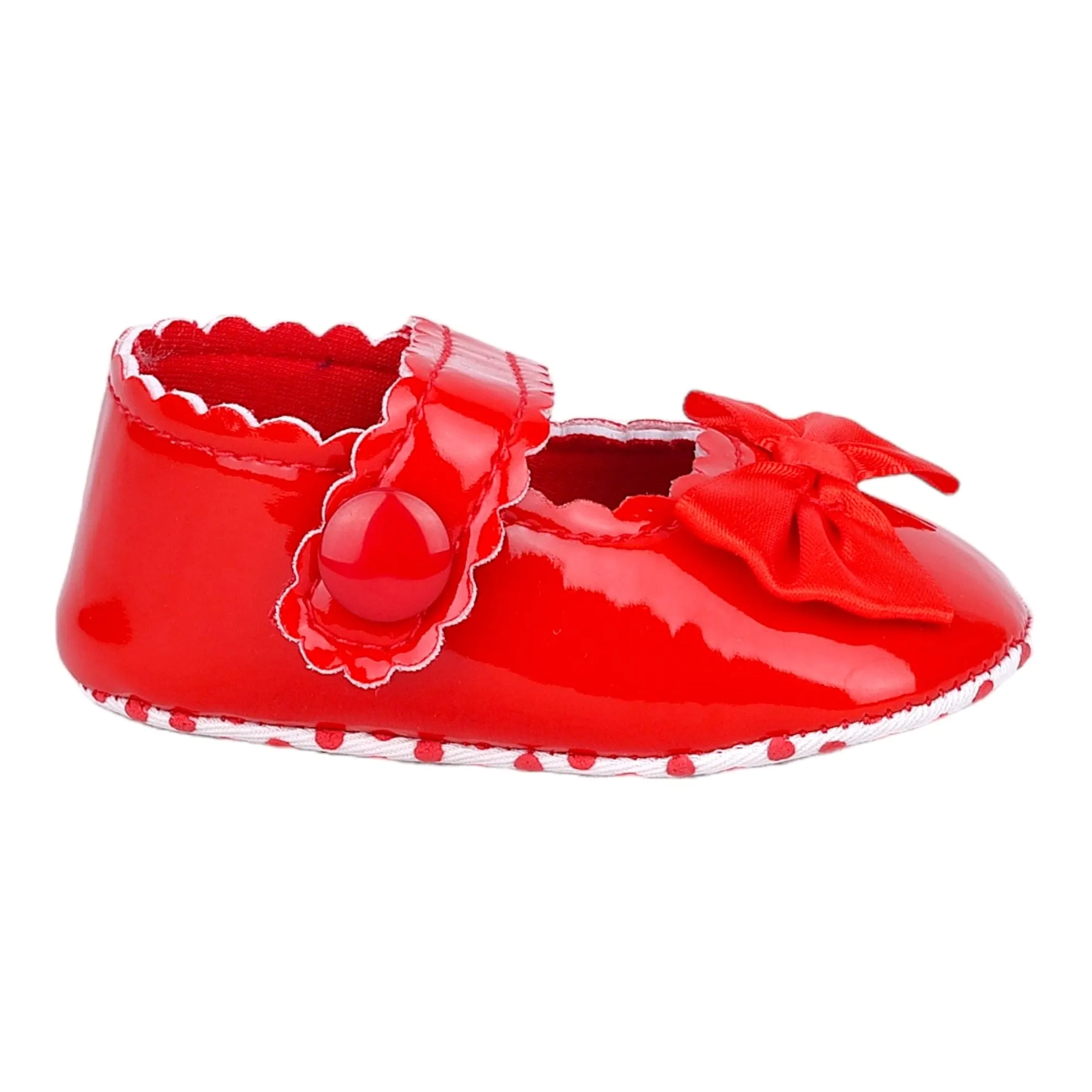 Baby Moo Bow Velcro Strap Patent Leather Anti-Skid Ballerina Booties - Red