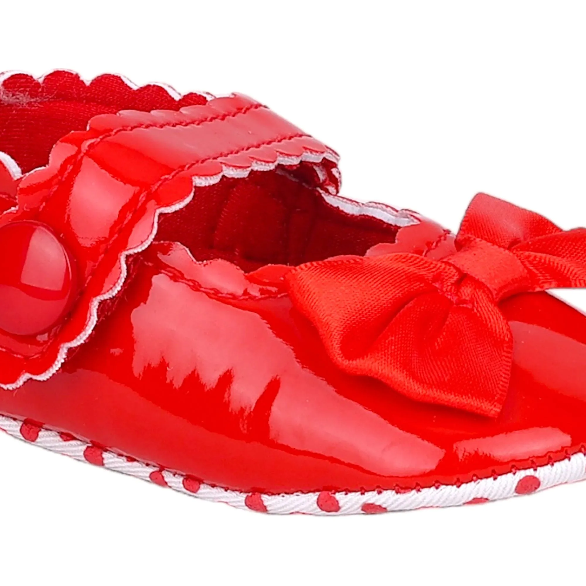 Baby Moo Bow Velcro Strap Patent Leather Anti-Skid Ballerina Booties - Red