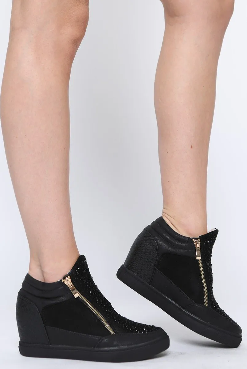 Black Diamante Zip Detail Wedged Trainers - Eloise