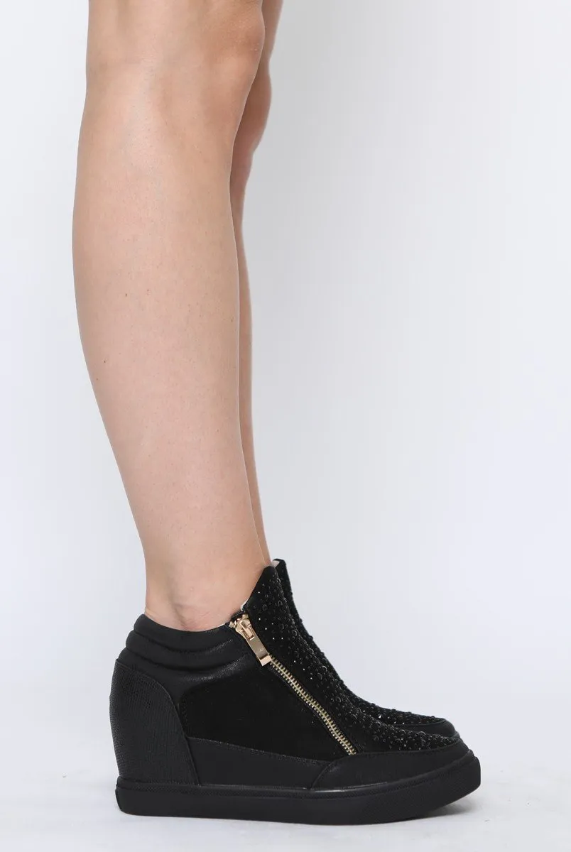 Black Diamante Zip Detail Wedged Trainers - Eloise