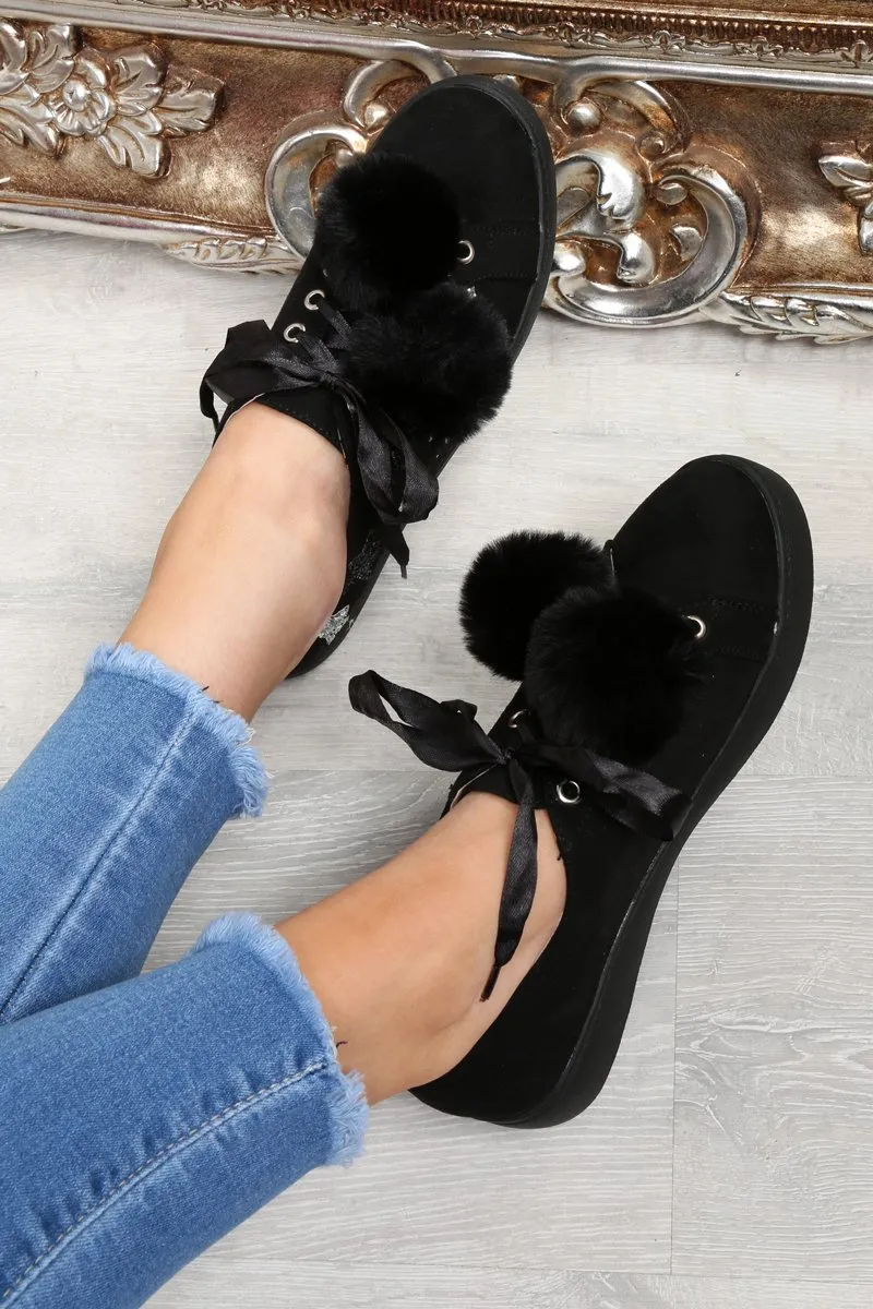 Black Faux Suede Pom Pom Trainers - Ellany