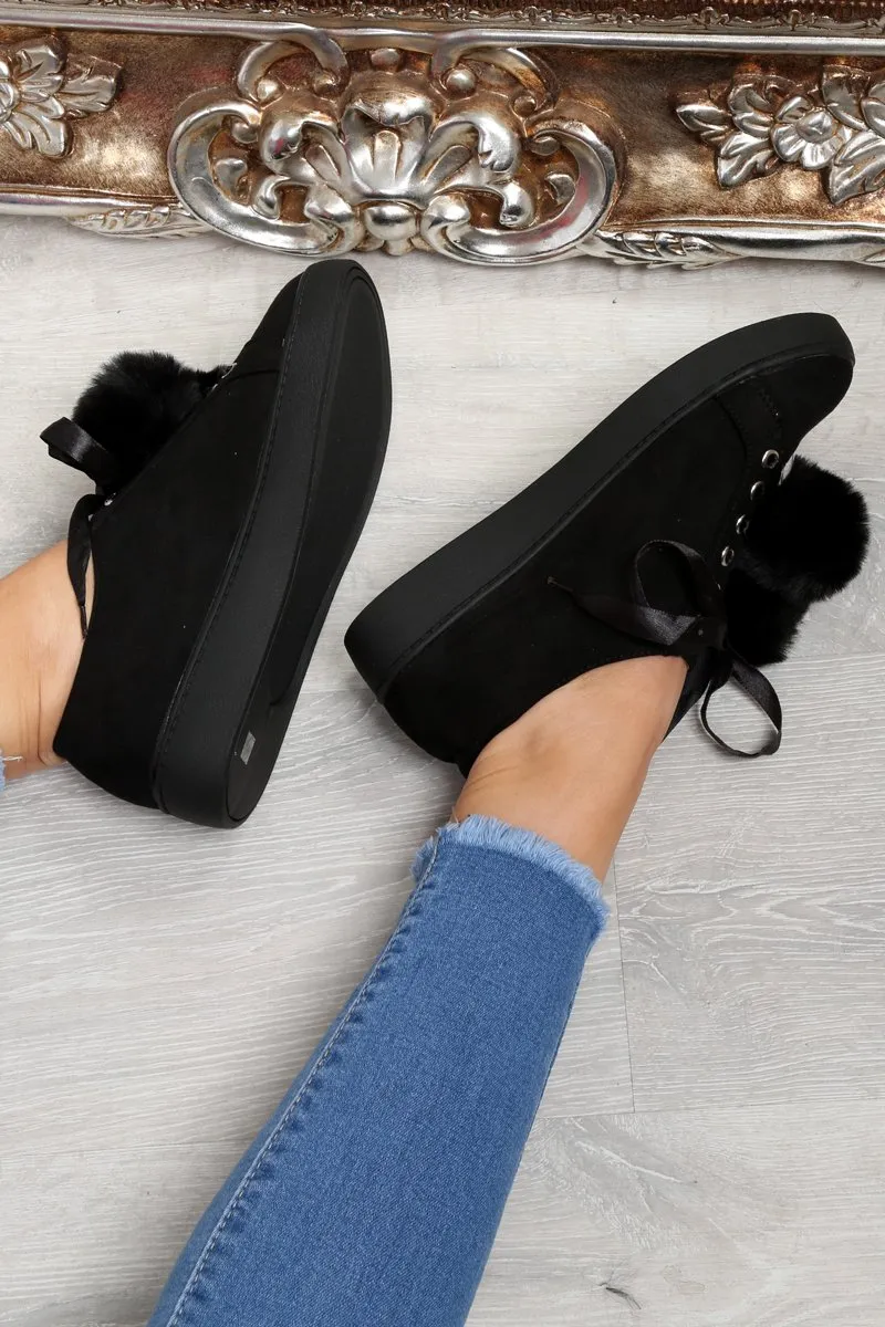 Black Faux Suede Pom Pom Trainers - Ellany