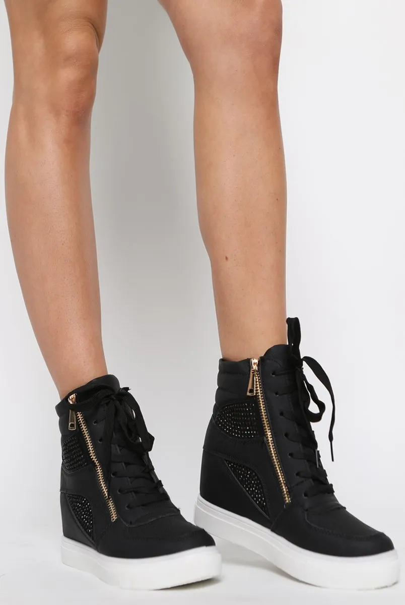 Black Wedged Diamante Trainers - Adriana