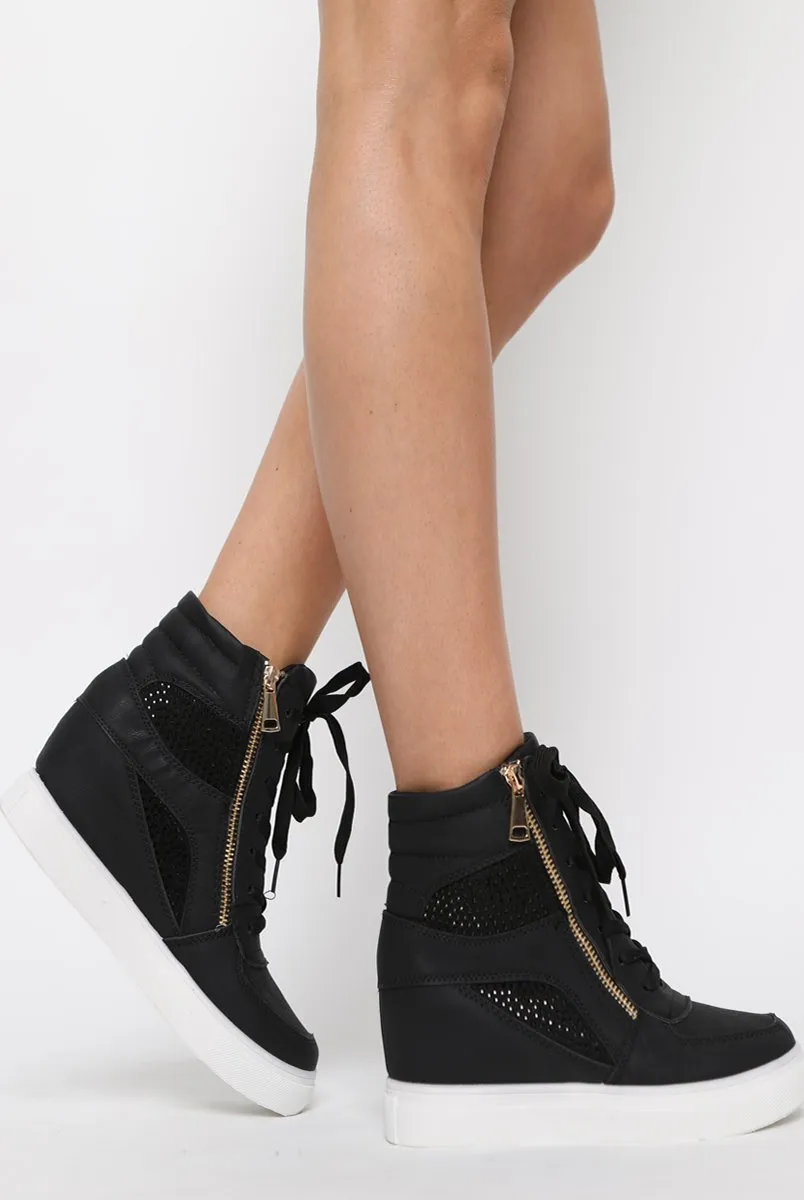 Black Wedged Diamante Trainers - Adriana