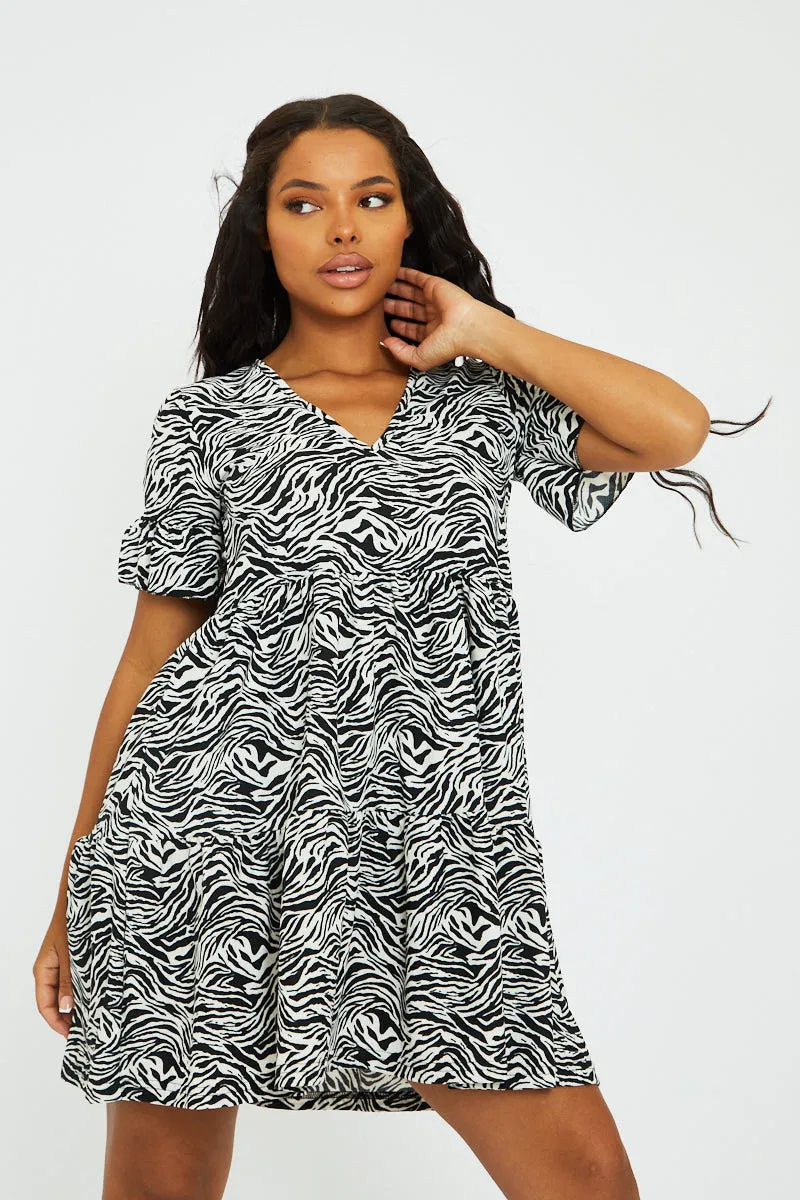 Black White Zebra Print Frill Smock Dress - Ruth