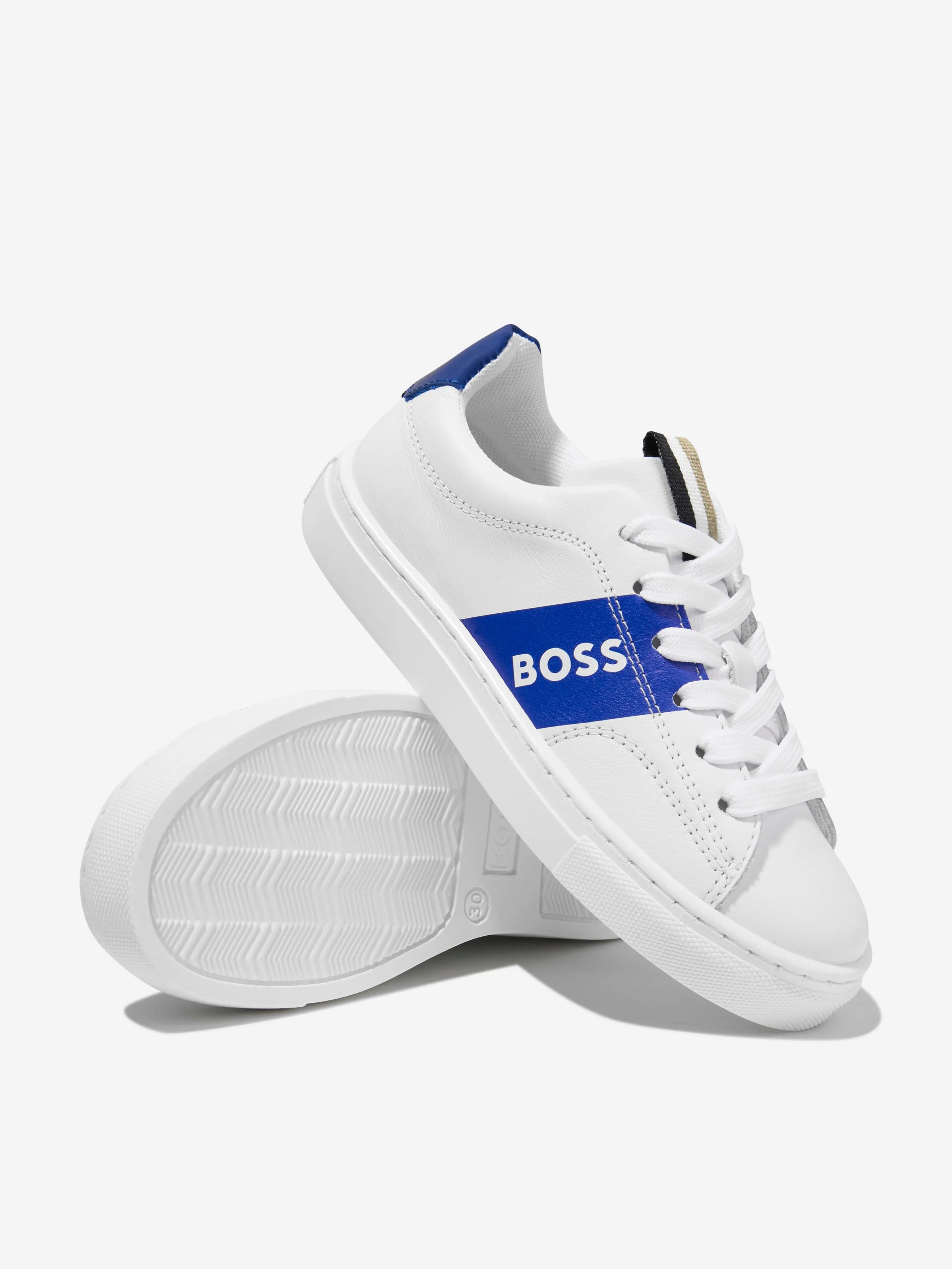 BOSS Boys Leather Logo Trainers in Blue