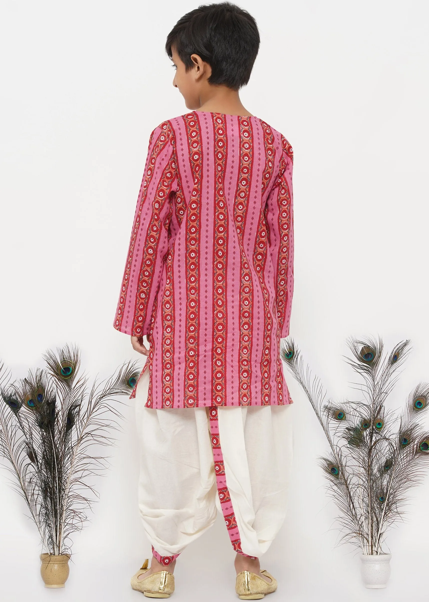 Boy's Cotton Striped Jaipuri Kurta With Pearl Buttons And Dhoti -Pink And Cream - Little Bansi Boys