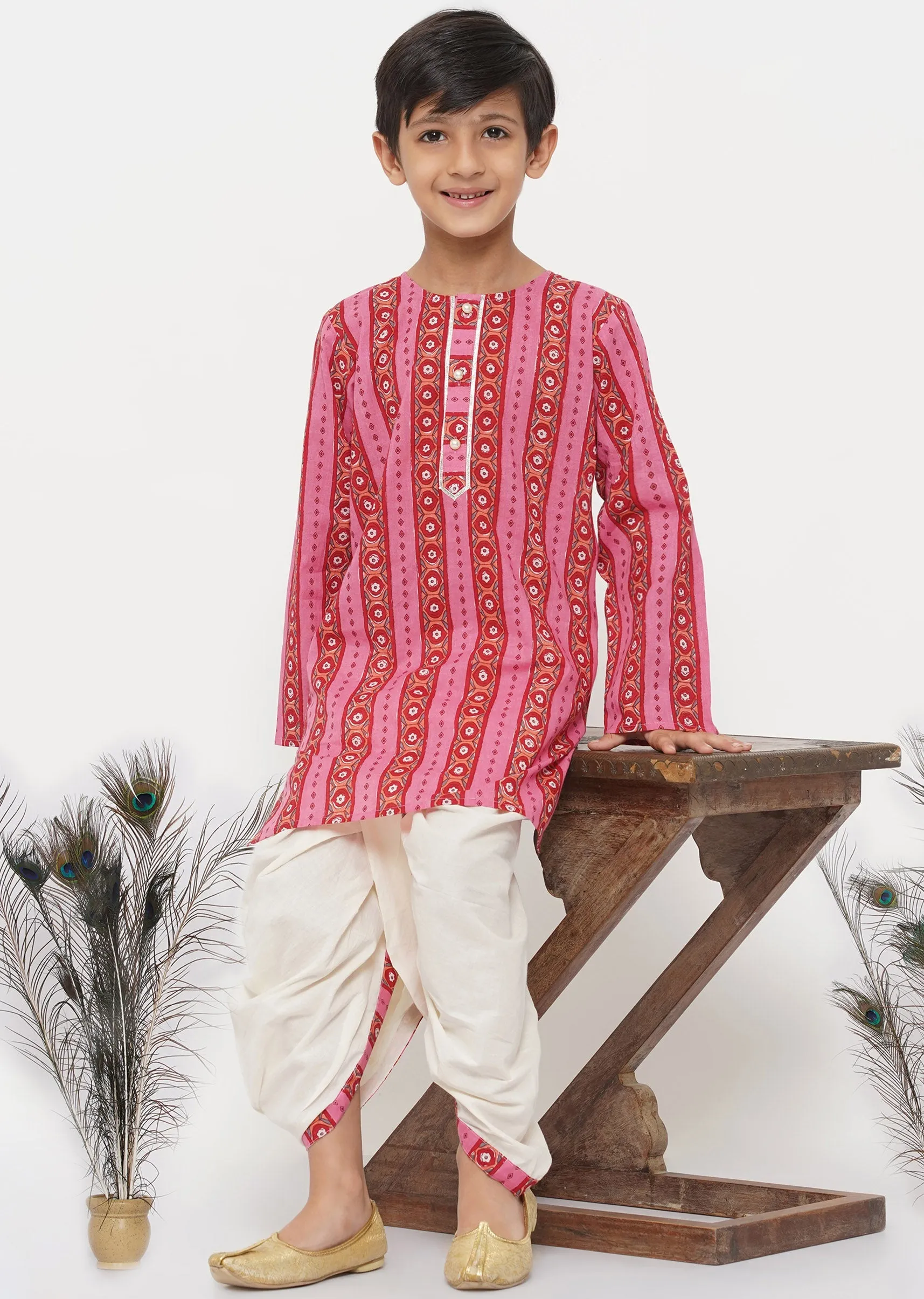 Boy's Cotton Striped Jaipuri Kurta With Pearl Buttons And Dhoti -Pink And Cream - Little Bansi Boys