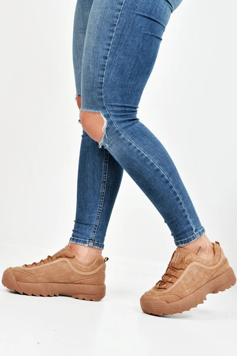 Camel Faux Suede Lace Up Sole Detail Trainers - Aviana