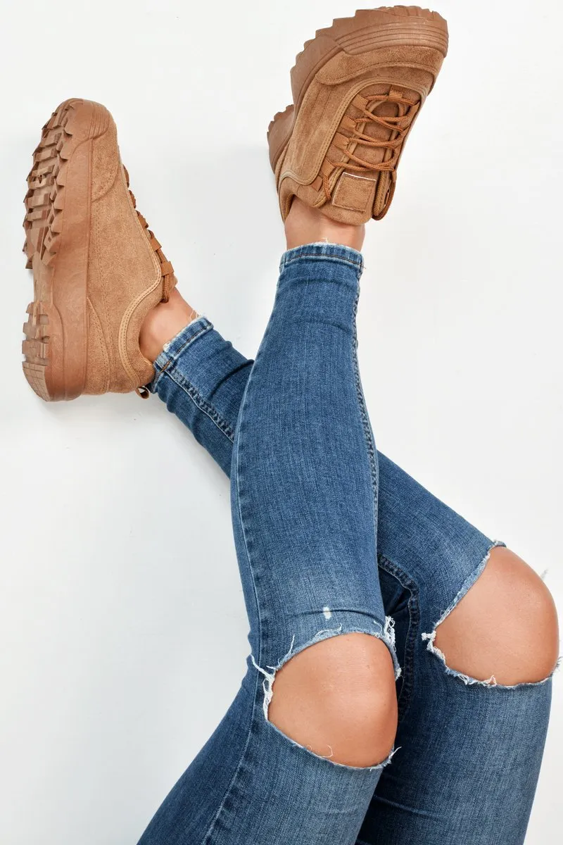 Camel Faux Suede Lace Up Sole Detail Trainers - Aviana