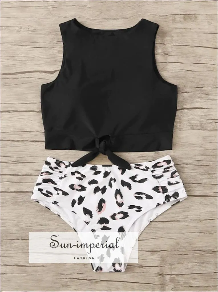 daisy print, florl print, flower printKnot front top with Dot High Waist Bikini Set - White Daisy Print top and Black bottom