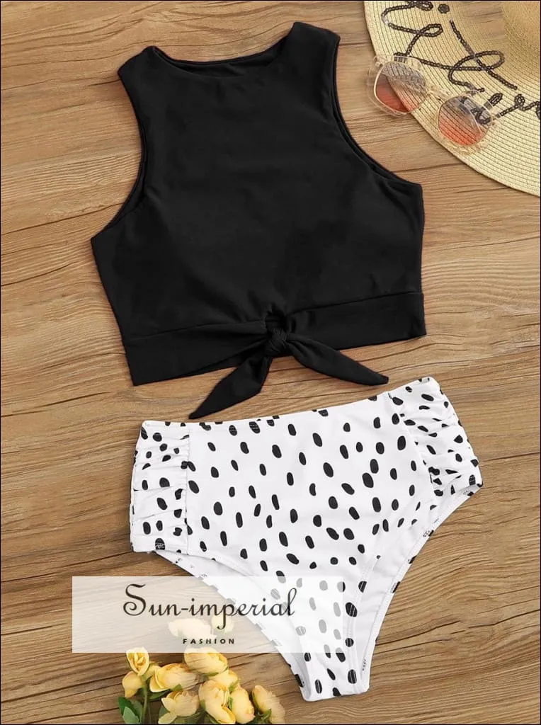 daisy print, florl print, flower printKnot front top with Dot High Waist Bikini Set - White Daisy Print top and Black bottom