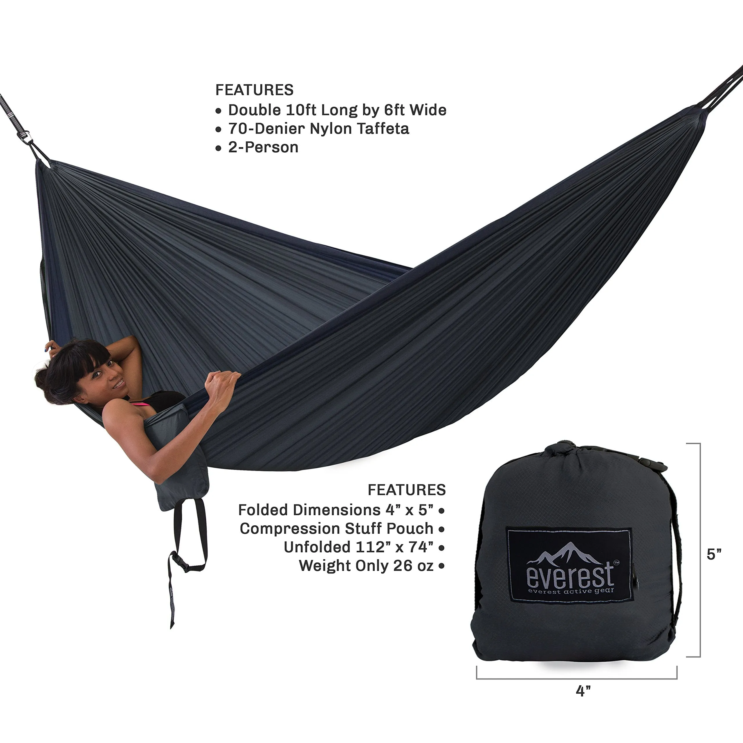 Double Camping Hammock with Carabiners & Tree Saver Straps - Everest