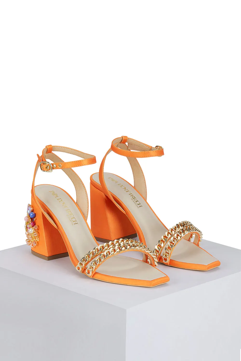 Flaming Katy - Orange Embroidered Mini Block Heels