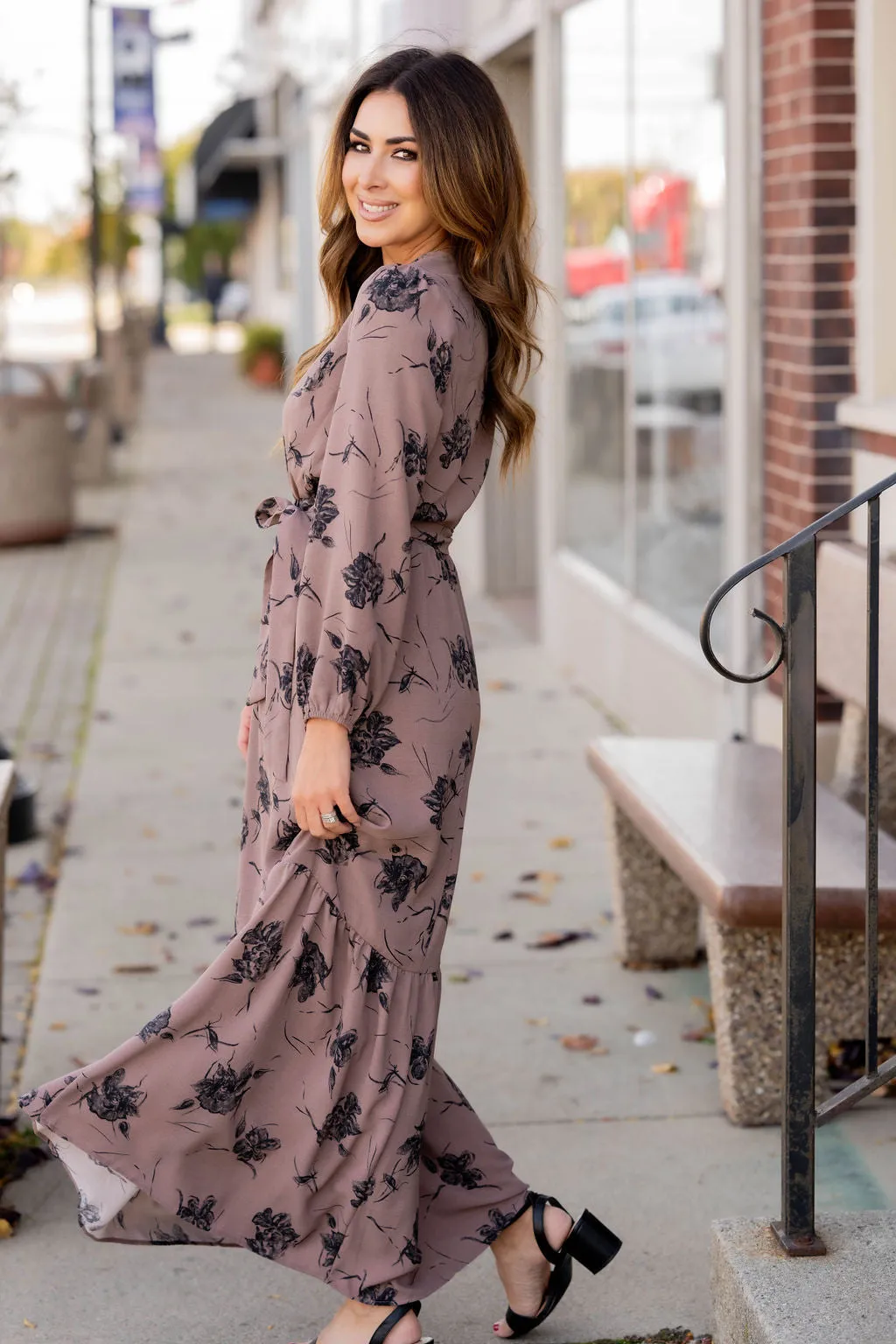 Floral Tie Waist Long Sleeve Maxi