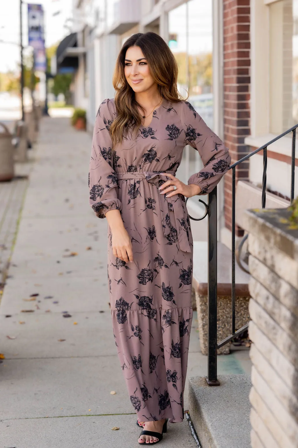 Floral Tie Waist Long Sleeve Maxi