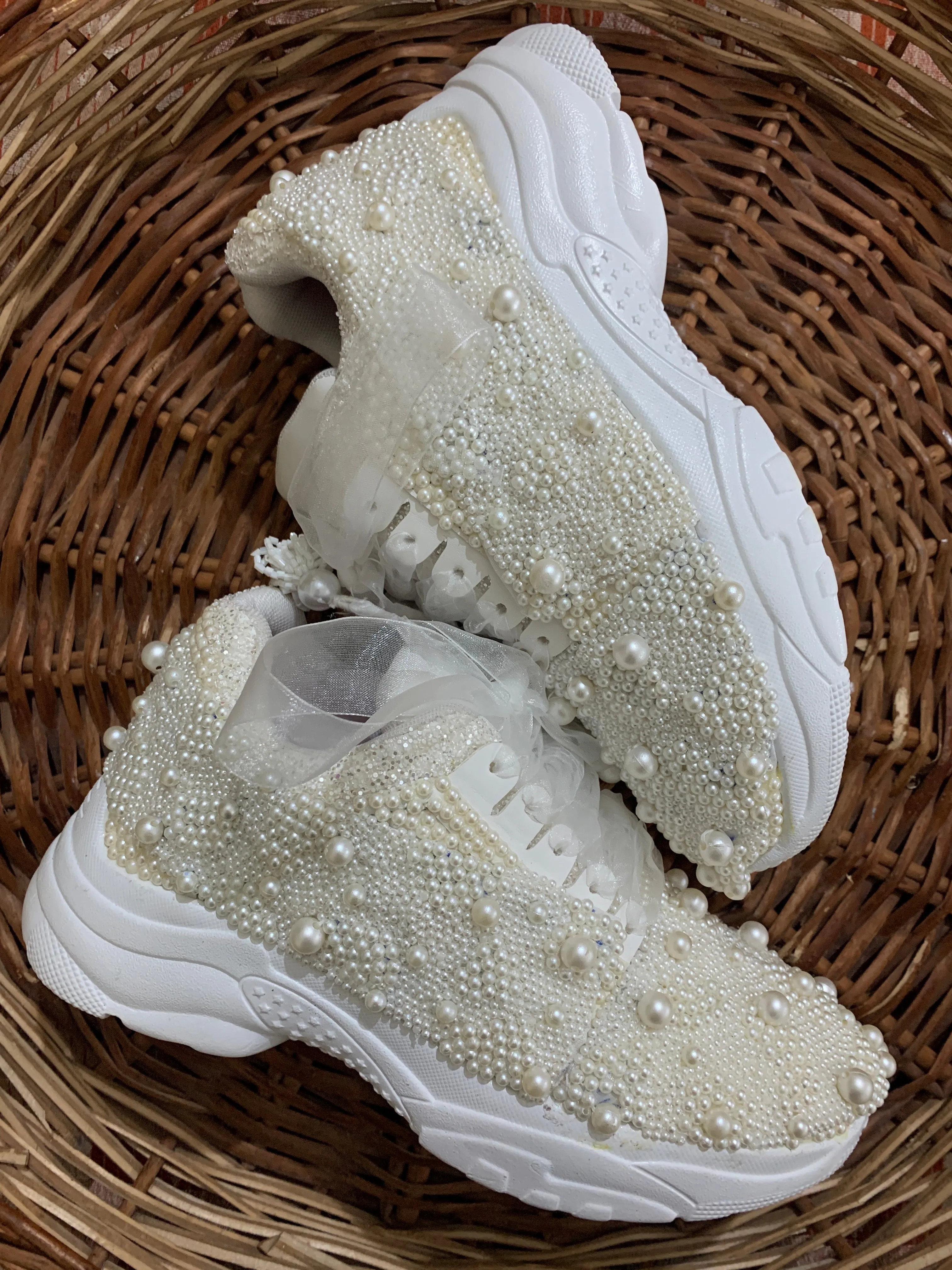 Funky N Trendy 3 inch heel white pearl hand work sneakers / bridal sneakers/ sneaker for bride / white sneakers/ pearl sneakers for bride