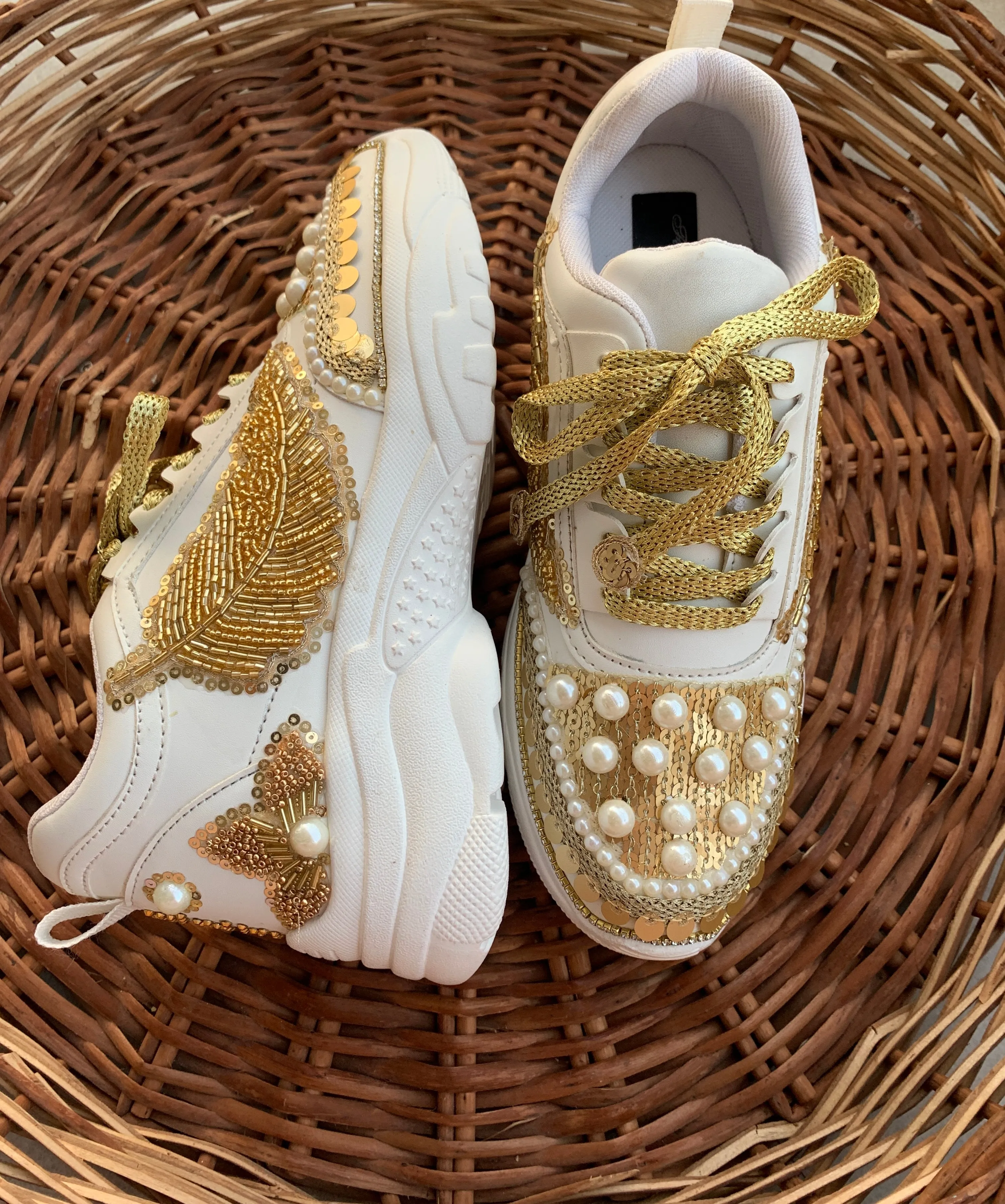 FUNKY N TRENDY gold sneakers for brides / gold sneakers for bridesmaids/ handcrafted sneakers/ golden sneakers / bridal sneakers / bridesmaid sneakers/ golden hand work sneakers