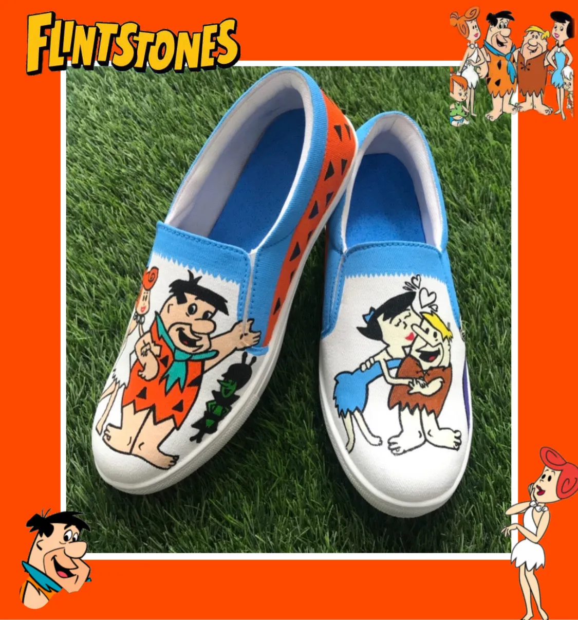 Funky N Trendy hand painted water resistant Flintstones theme white shoes/ white shoes / blue shoes / funky shoes