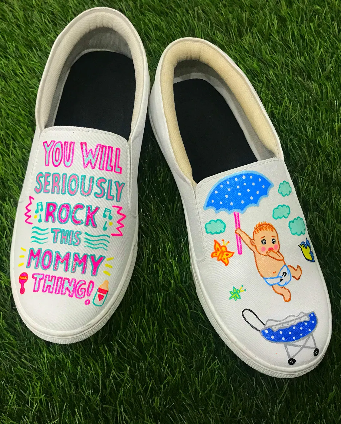 Funky N Trendy hand painted water resistant Mom to be theme white shoes/ mom to be shoes / pregnancy shoes / white shoes