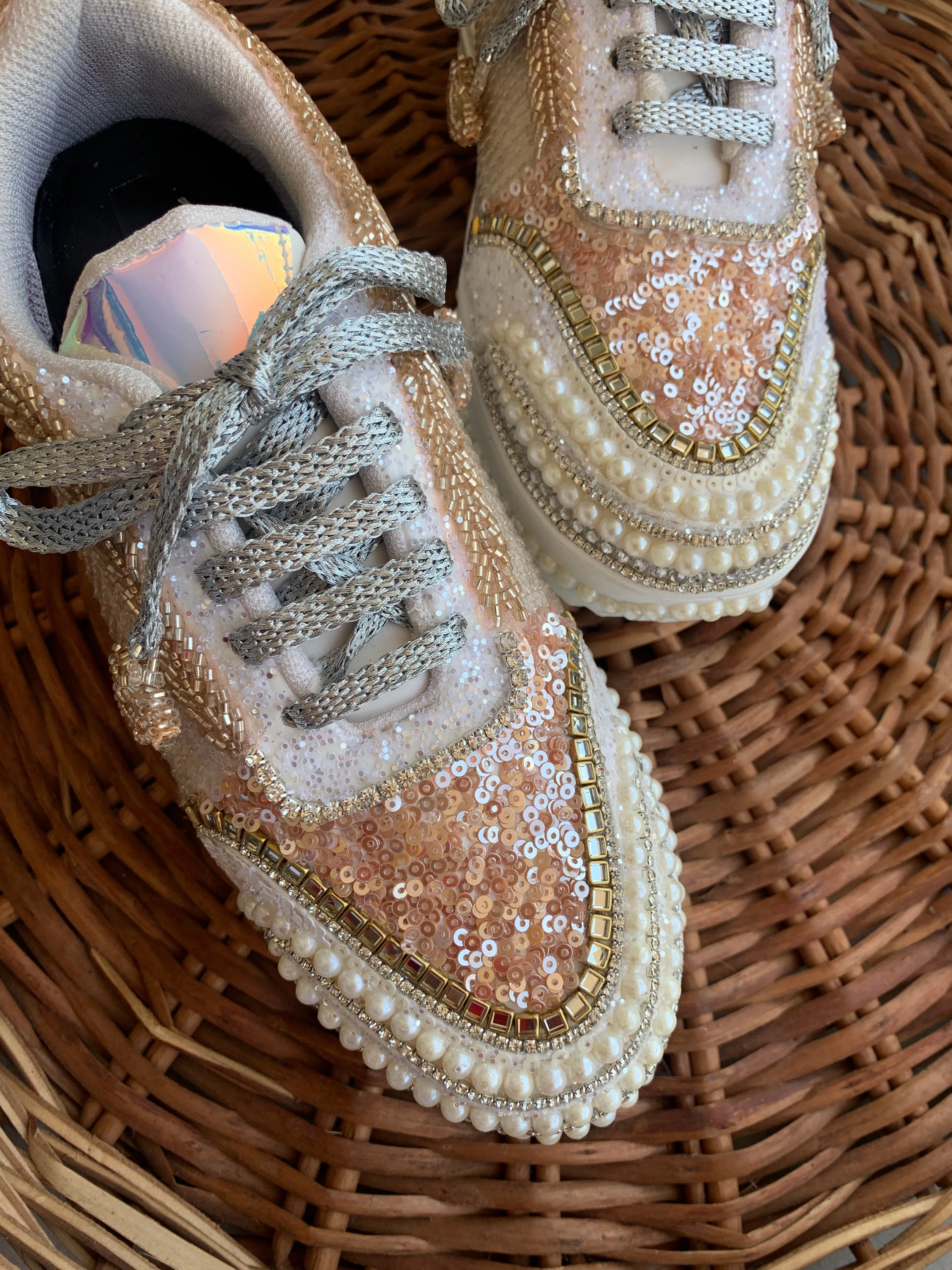 FUNKY N TRENDY tan peach with rose gold hand work sneakers for brides / bridesmaids/ rose gold sneakers / rose gold shoes