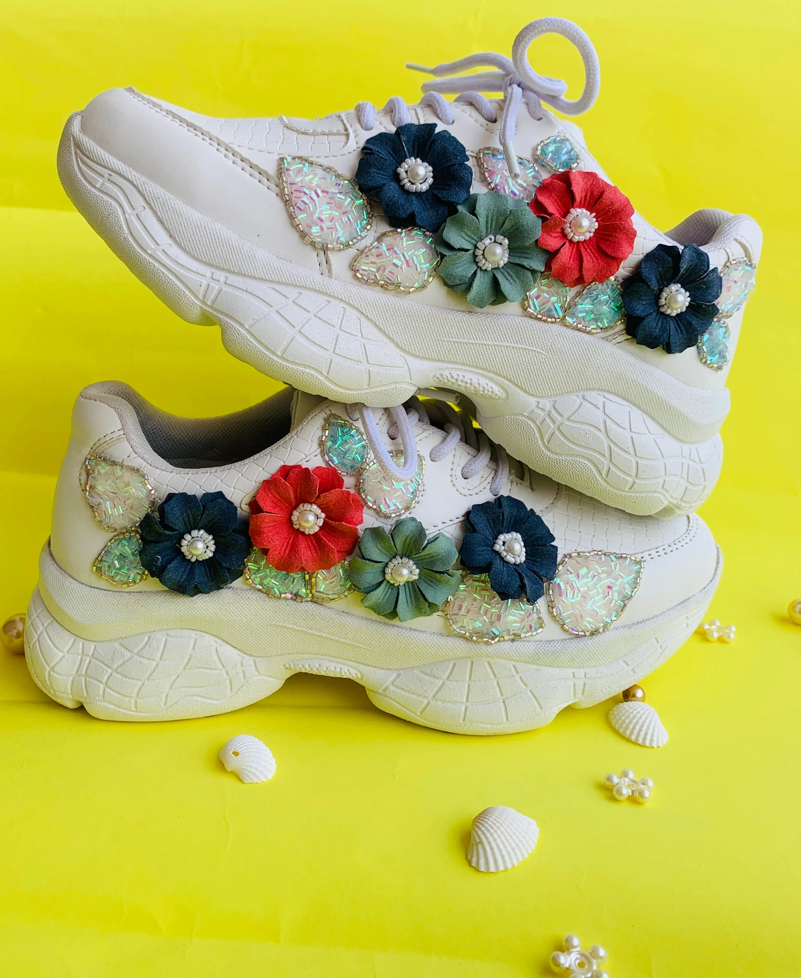 Funky N Trendy white floral work sneakers with pearl detailing / bridal sneakers/ sneaker for bride / white sneakers/ floral sneakers for bride