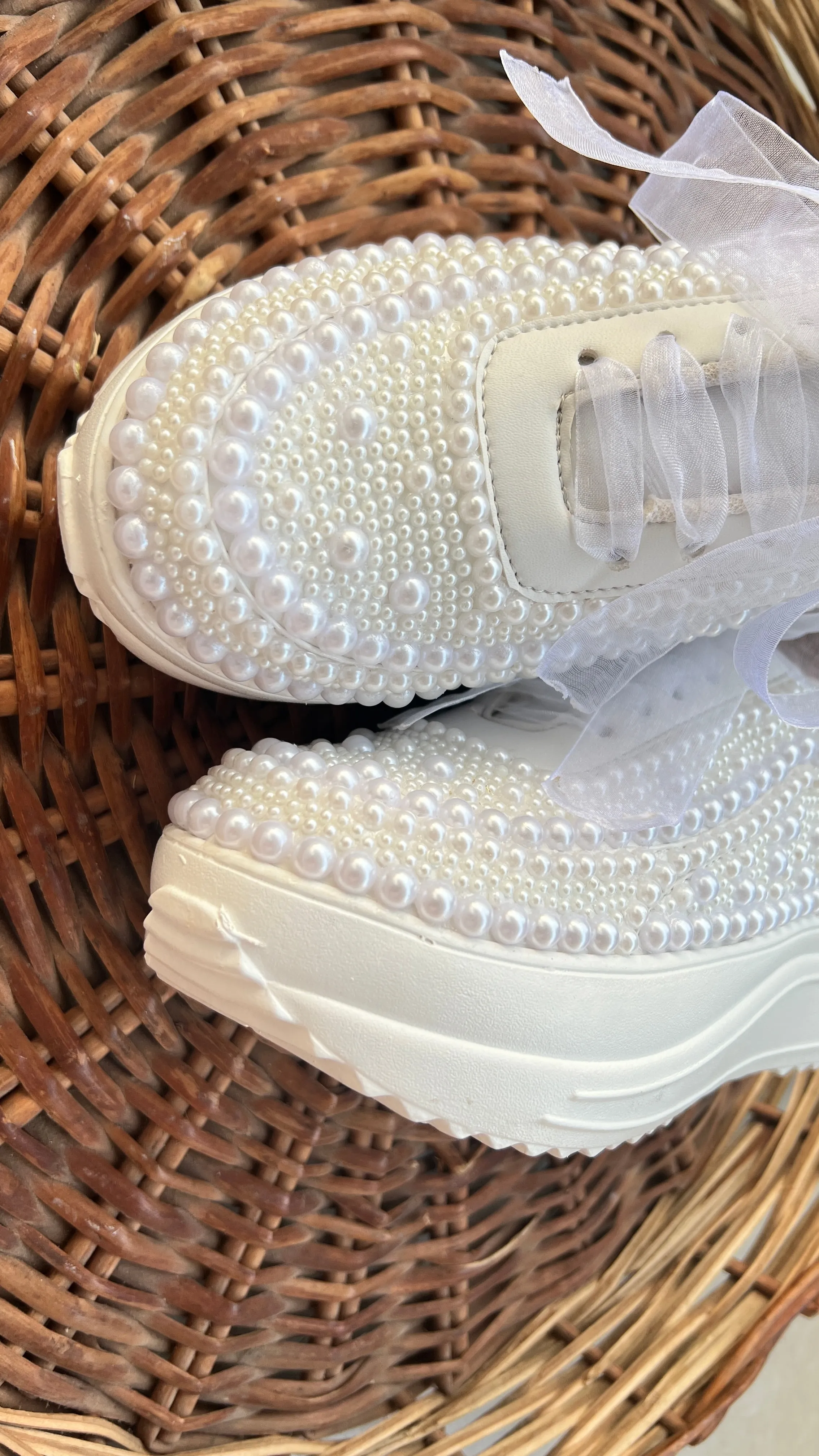 Funky N Trendy white pearl hand work sneakers / bridal sneakers/ sneaker for bride / white sneakers/ pearl sneakers for bride/ bridesmaid sneakers / pearls sneakers