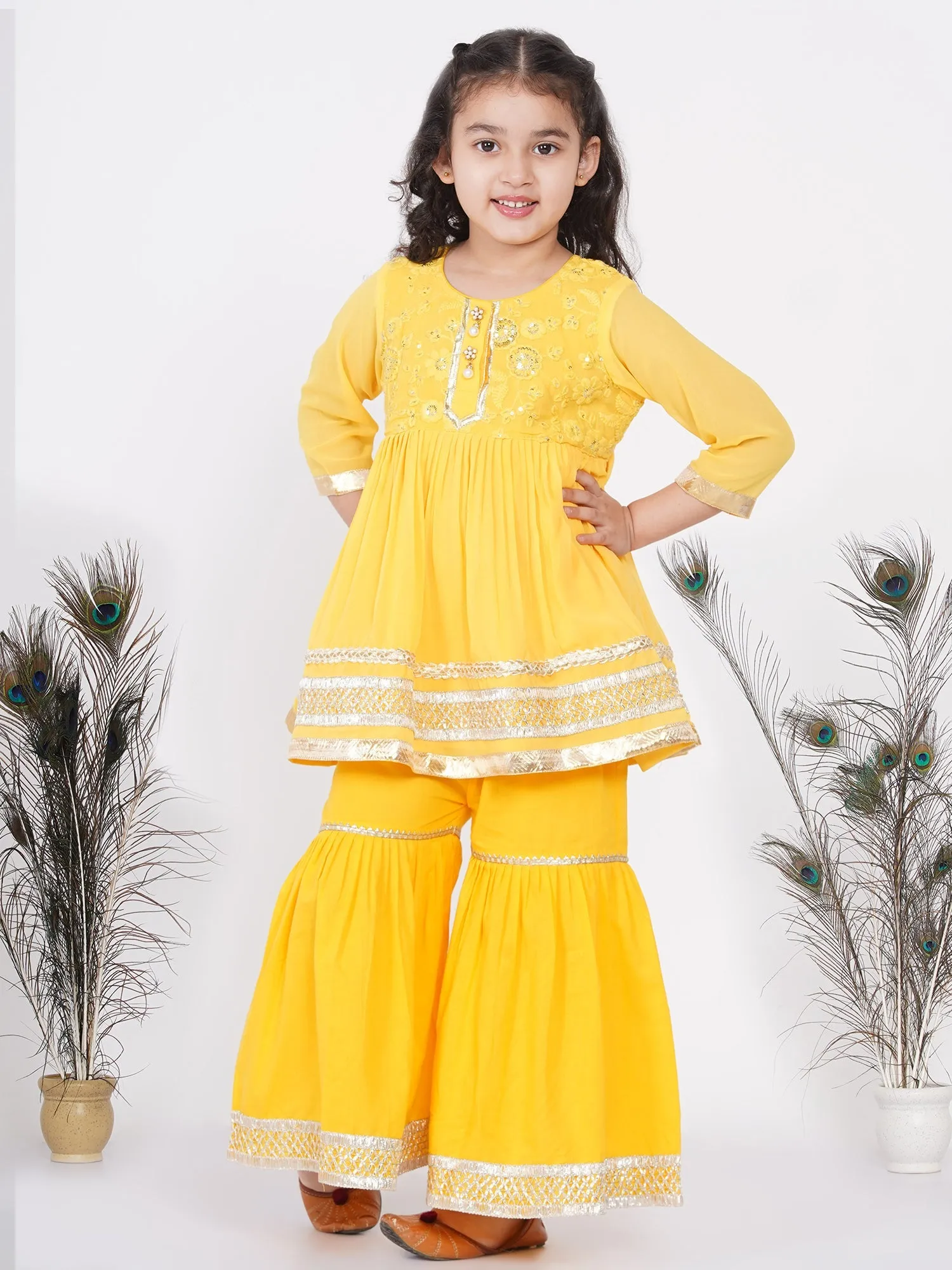 Girl's Cotton And Georgette Jaipuri Lacework And Gotta Patti Work Kurta Frock With Sharara And Dupatta - Yellow - Little Bansi Girls