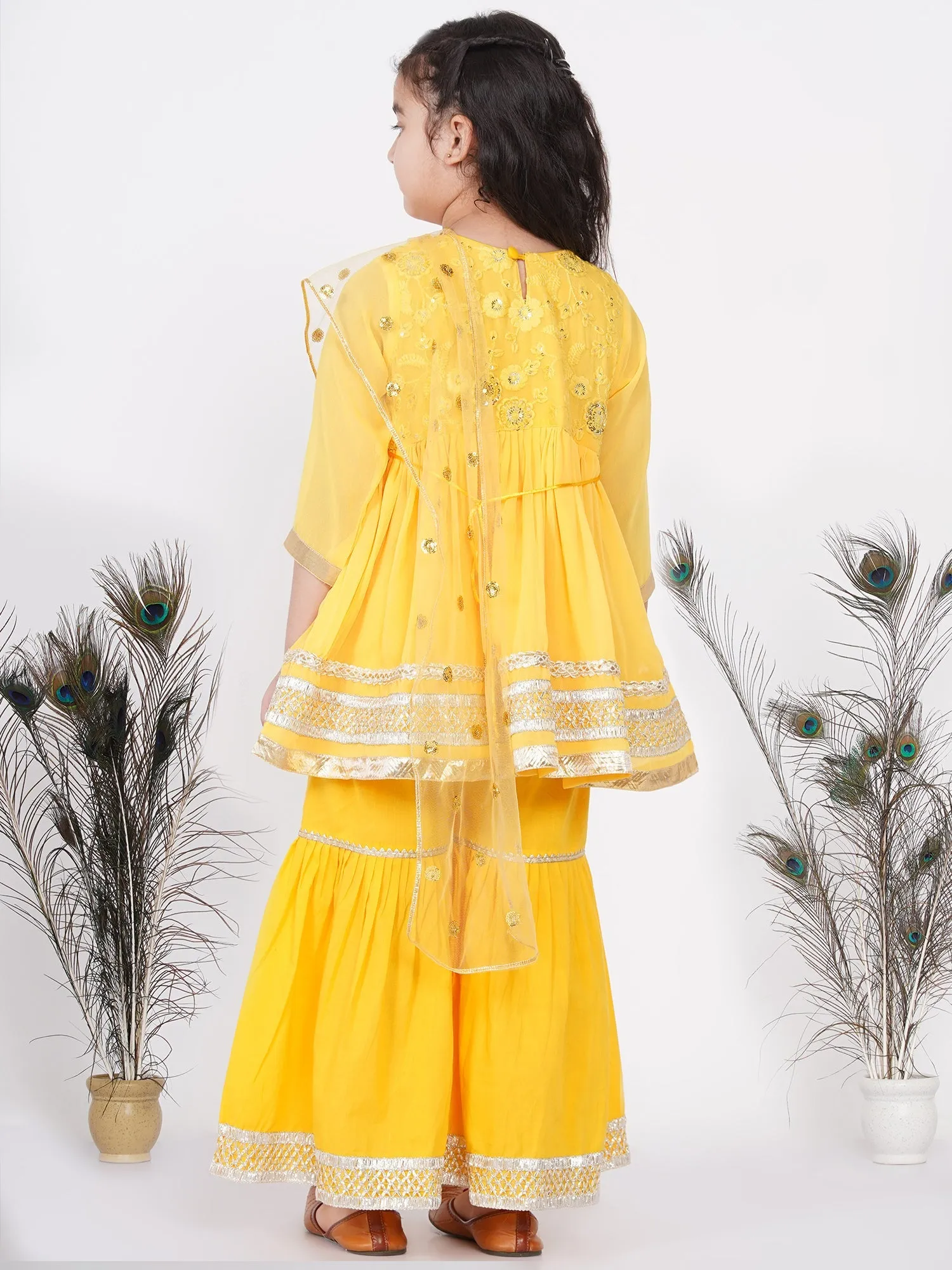 Girl's Cotton And Georgette Jaipuri Lacework And Gotta Patti Work Kurta Frock With Sharara And Dupatta - Yellow - Little Bansi Girls