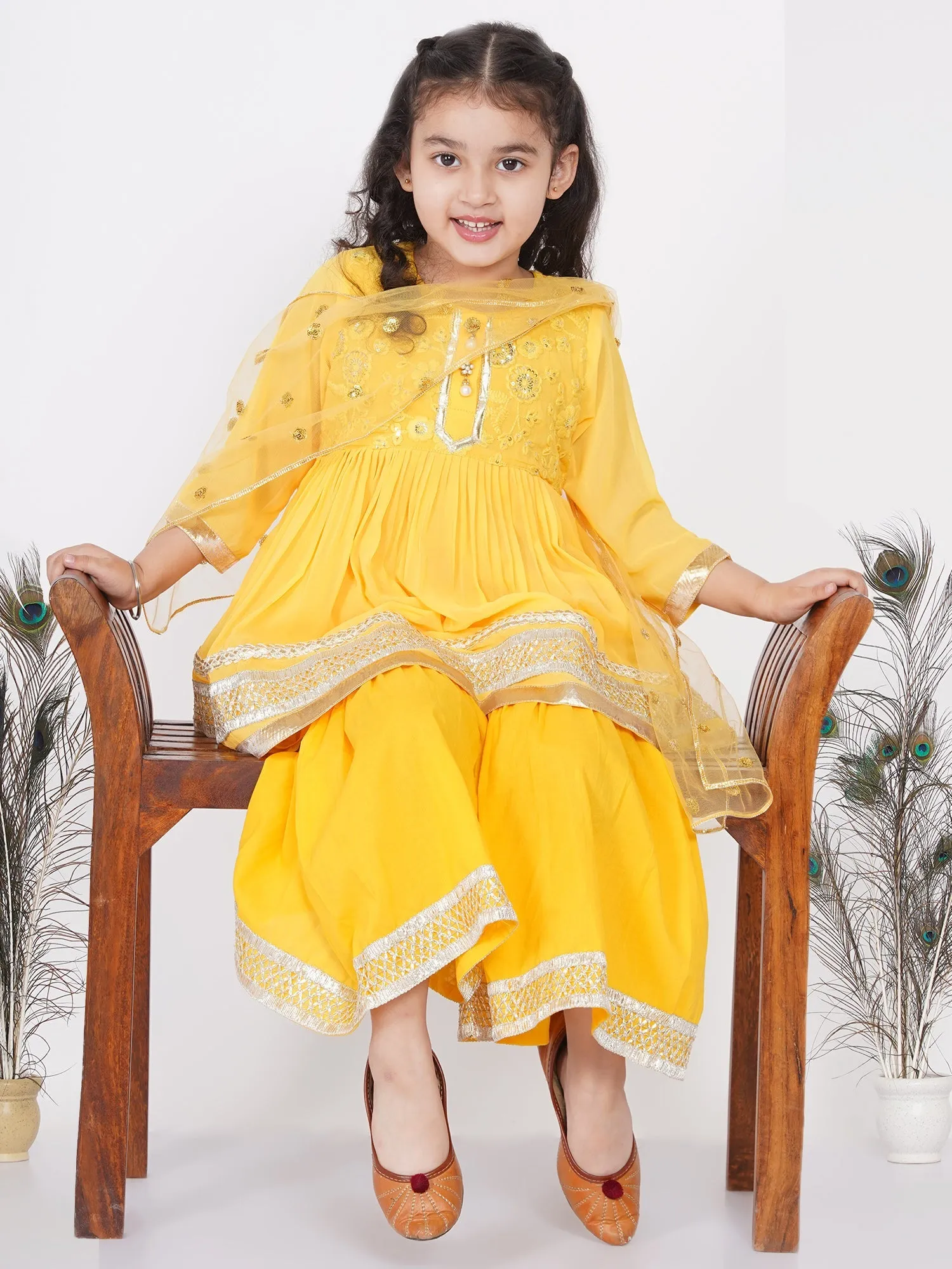 Girl's Cotton And Georgette Jaipuri Lacework And Gotta Patti Work Kurta Frock With Sharara And Dupatta - Yellow - Little Bansi Girls