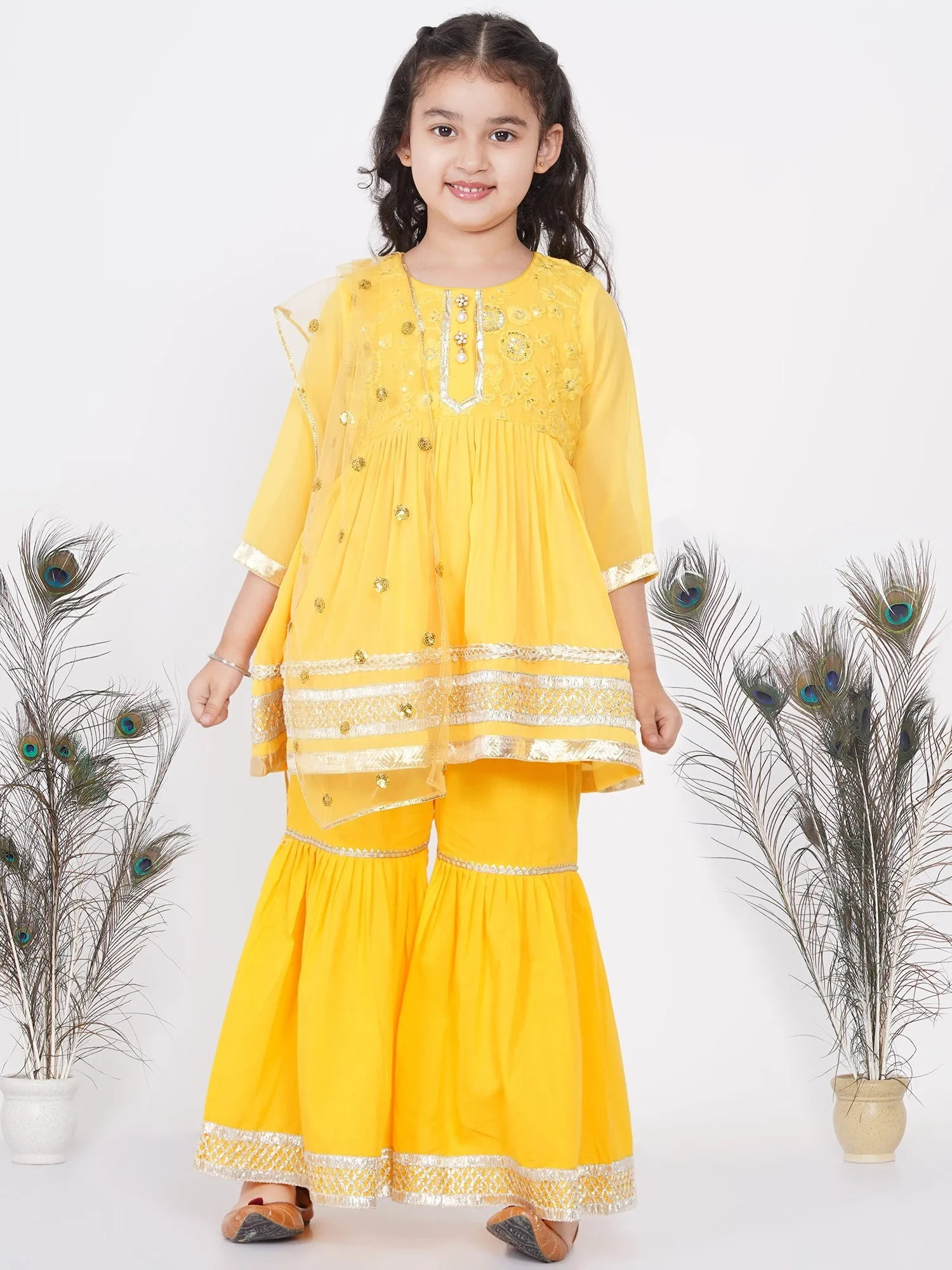 Girl's Cotton And Georgette Jaipuri Lacework And Gotta Patti Work Kurta Frock With Sharara And Dupatta - Yellow - Little Bansi Girls