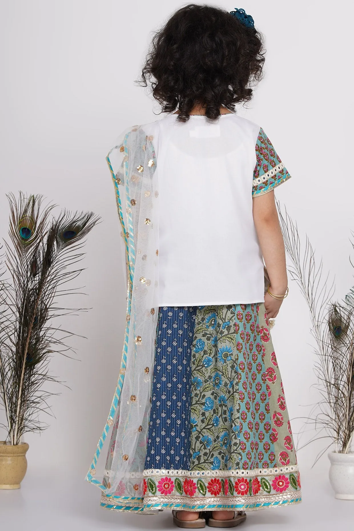 Girl's Cotton Floral Embroidery Kurta With Kali Work Lehenga And Tussel - White And Multicolor - Little Bansi Girls