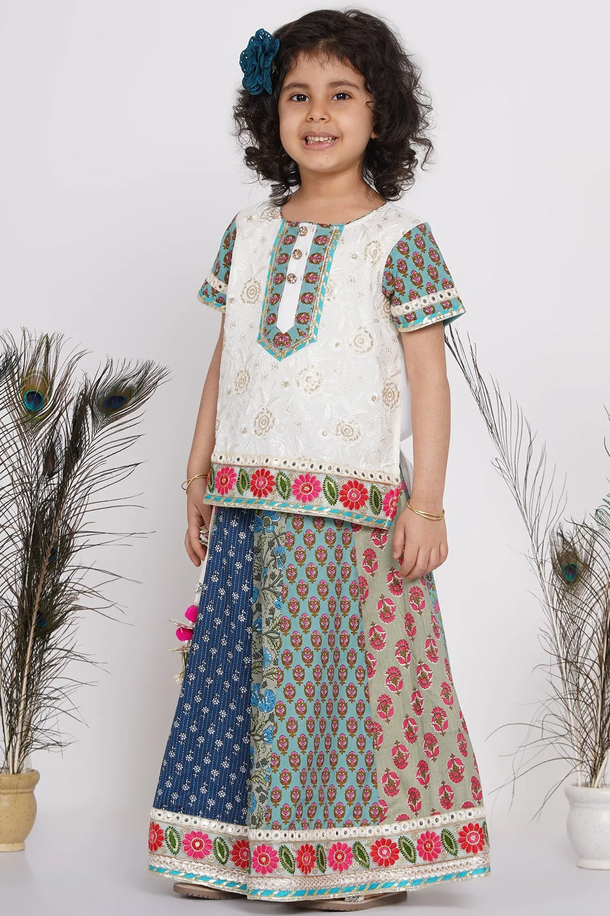 Girl's Cotton Floral Embroidery Kurta With Kali Work Lehenga And Tussel - White And Multicolor - Little Bansi Girls