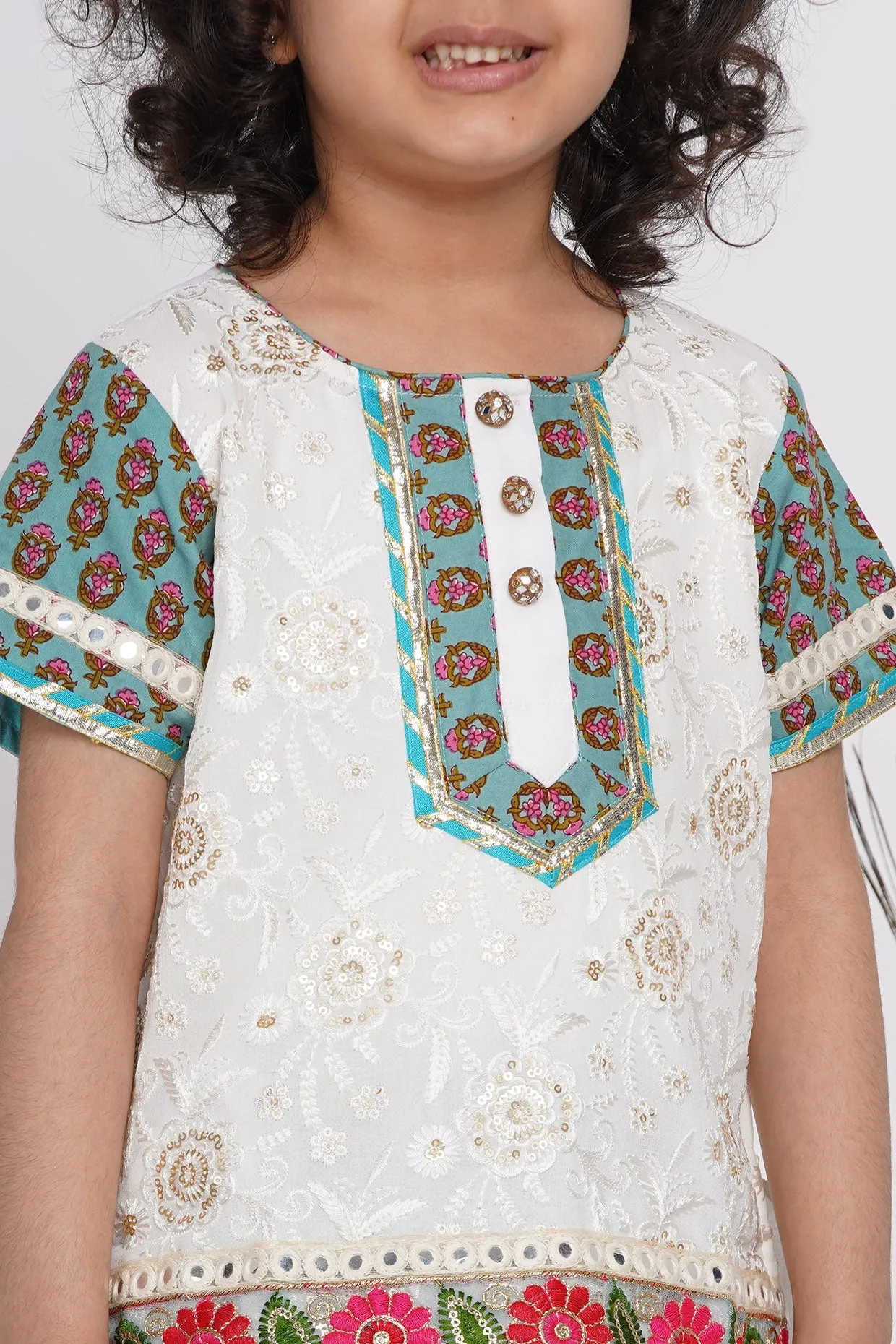 Girl's Cotton Floral Embroidery Kurta With Kali Work Lehenga And Tussel - White And Multicolor - Little Bansi Girls