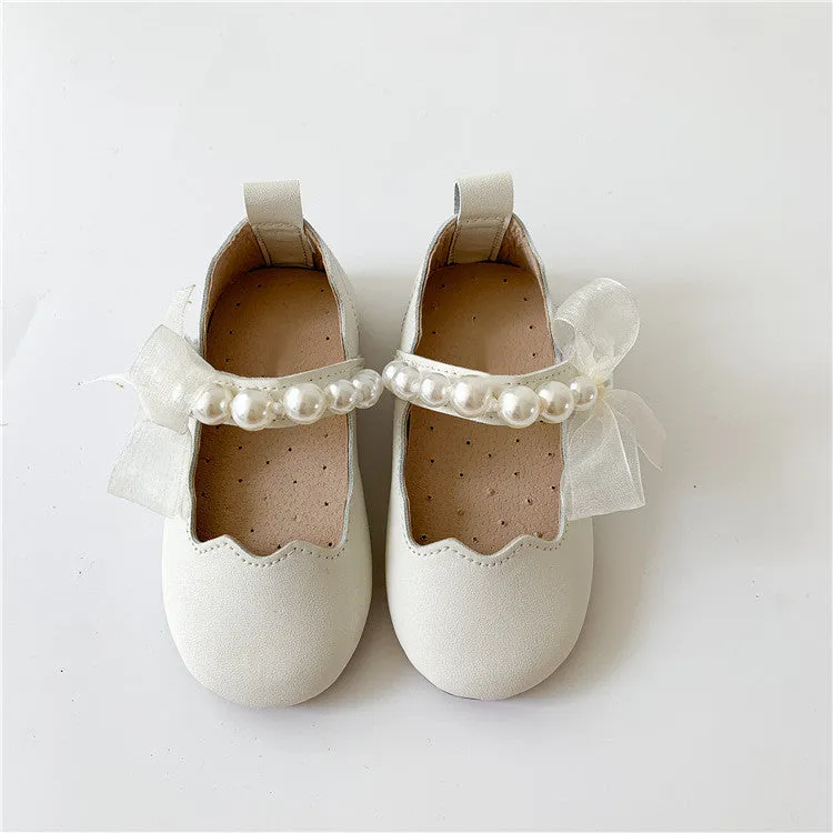 Girls Soft Bottom Pearl Bow Princess Shoes