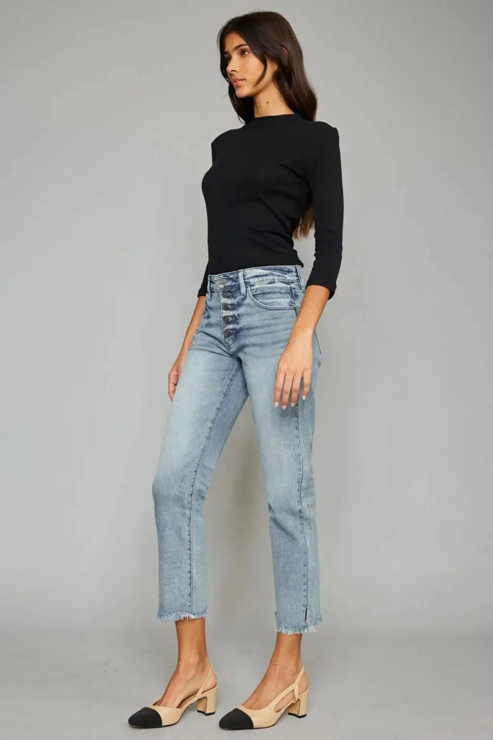 High Waist Button Fly Raw Hem Cropped Straight Jeans